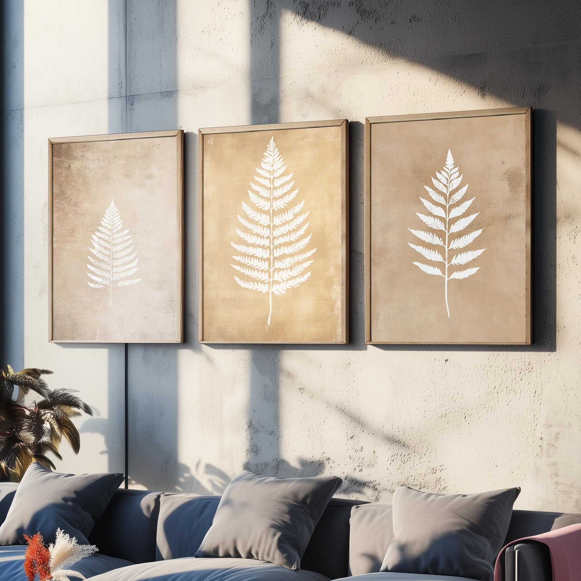 White Fern Set of Three Art Prints | Botanical Leaf Stencil Illustration Poster Wall Decor