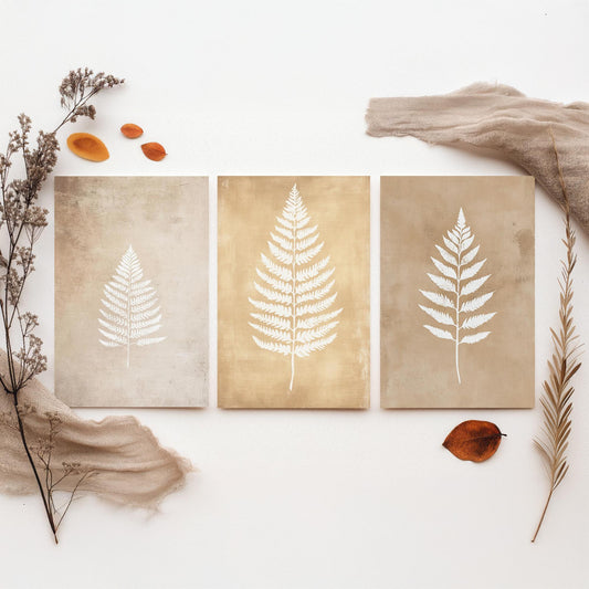 White Fern Set of Three Art Prints | Botanical Leaf Stencil Illustration Poster Wall Decor