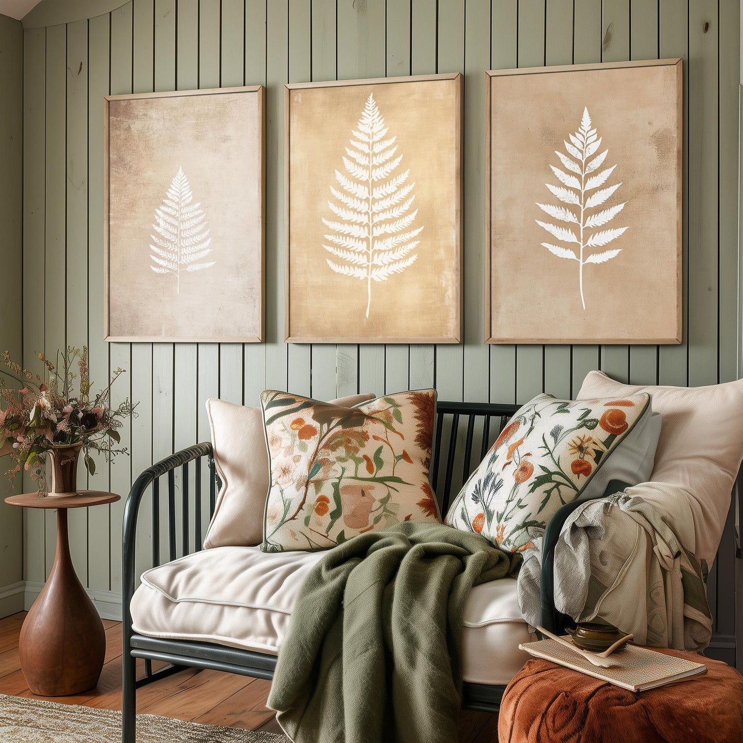 White Fern Set of Three Art Prints | Botanical Leaf Stencil Illustration Poster Wall Decor