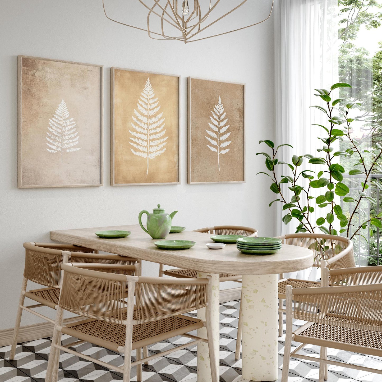 White Fern Set of Three Art Prints | Botanical Leaf Stencil Illustration Poster Wall Decor