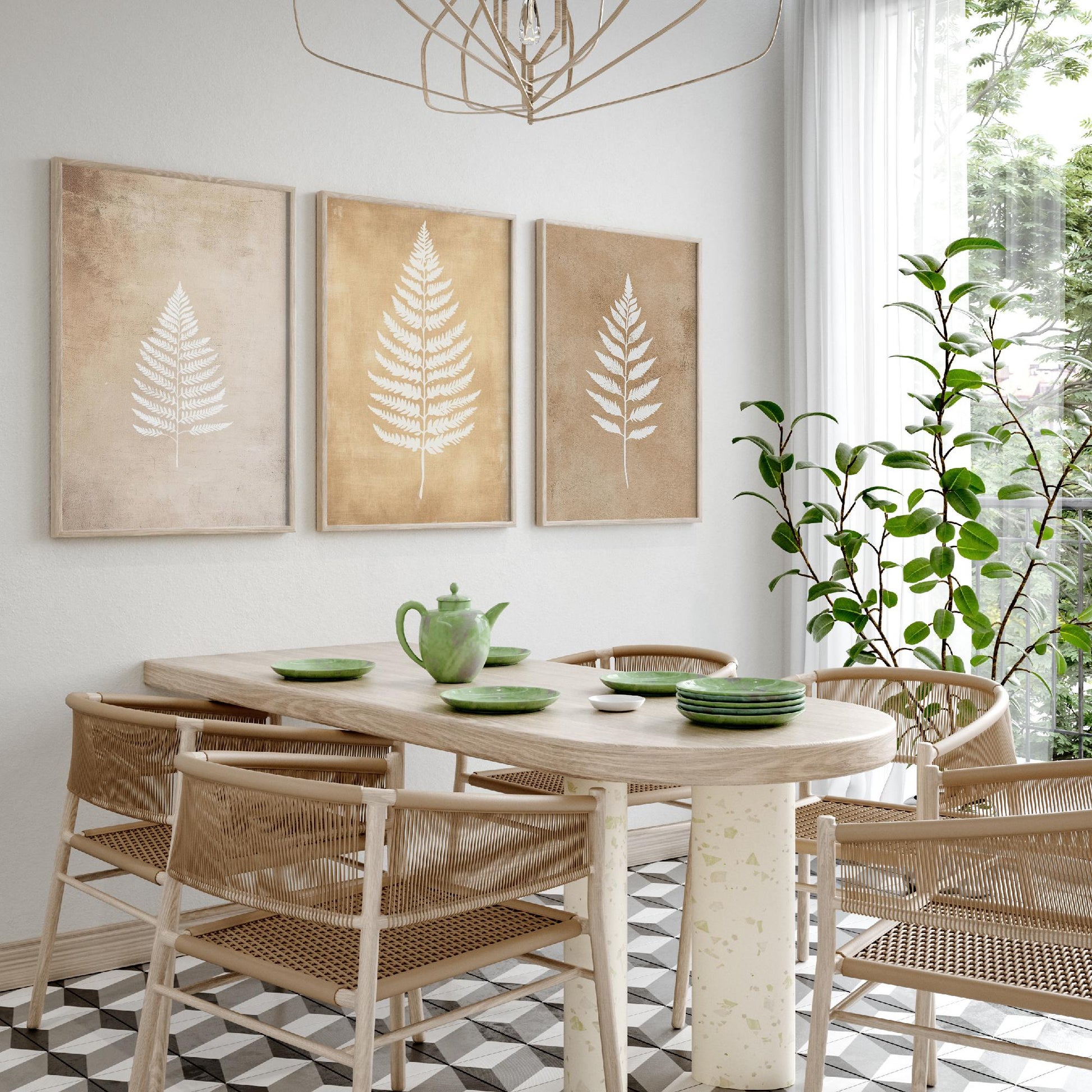 White Fern Set of Three Art Prints | Botanical Leaf Stencil Illustration Poster Wall Decor