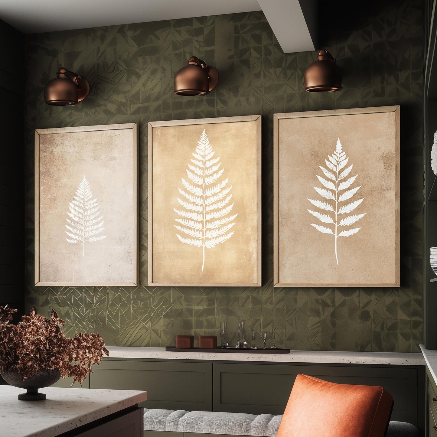 White Fern Set of Three Art Prints | Botanical Leaf Stencil Illustration Poster Wall Decor