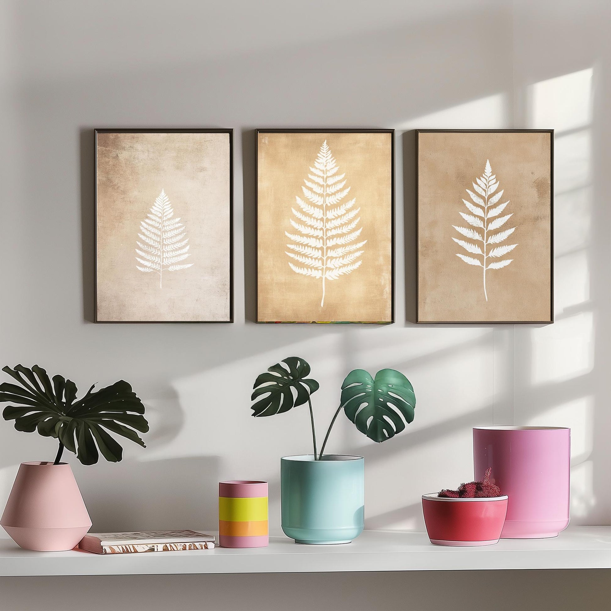 White Fern Set of Three Art Prints | Botanical Leaf Stencil Illustration Poster Wall Decor