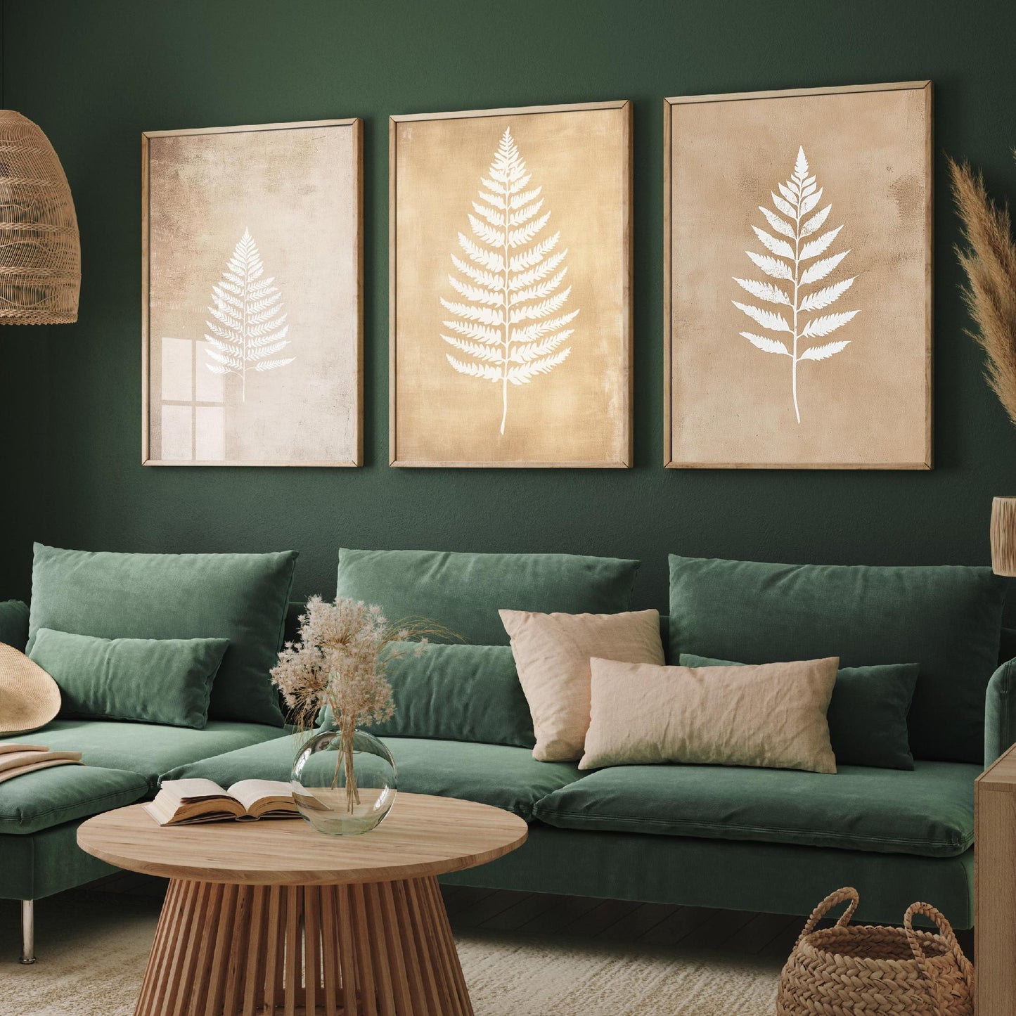 White Fern Set of Three Art Prints | Botanical Leaf Stencil Illustration Poster Wall Decor