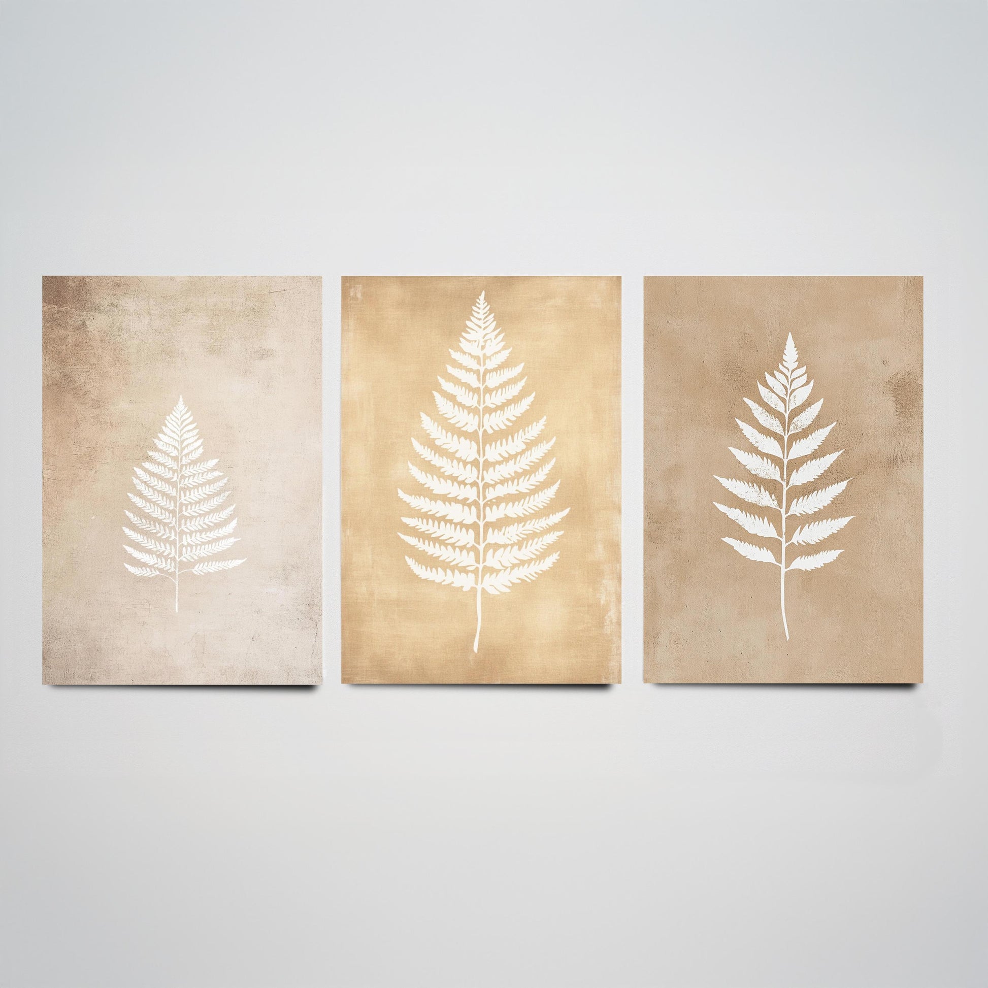 White Fern Set of Three Art Prints | Botanical Leaf Stencil Illustration Poster Wall Decor