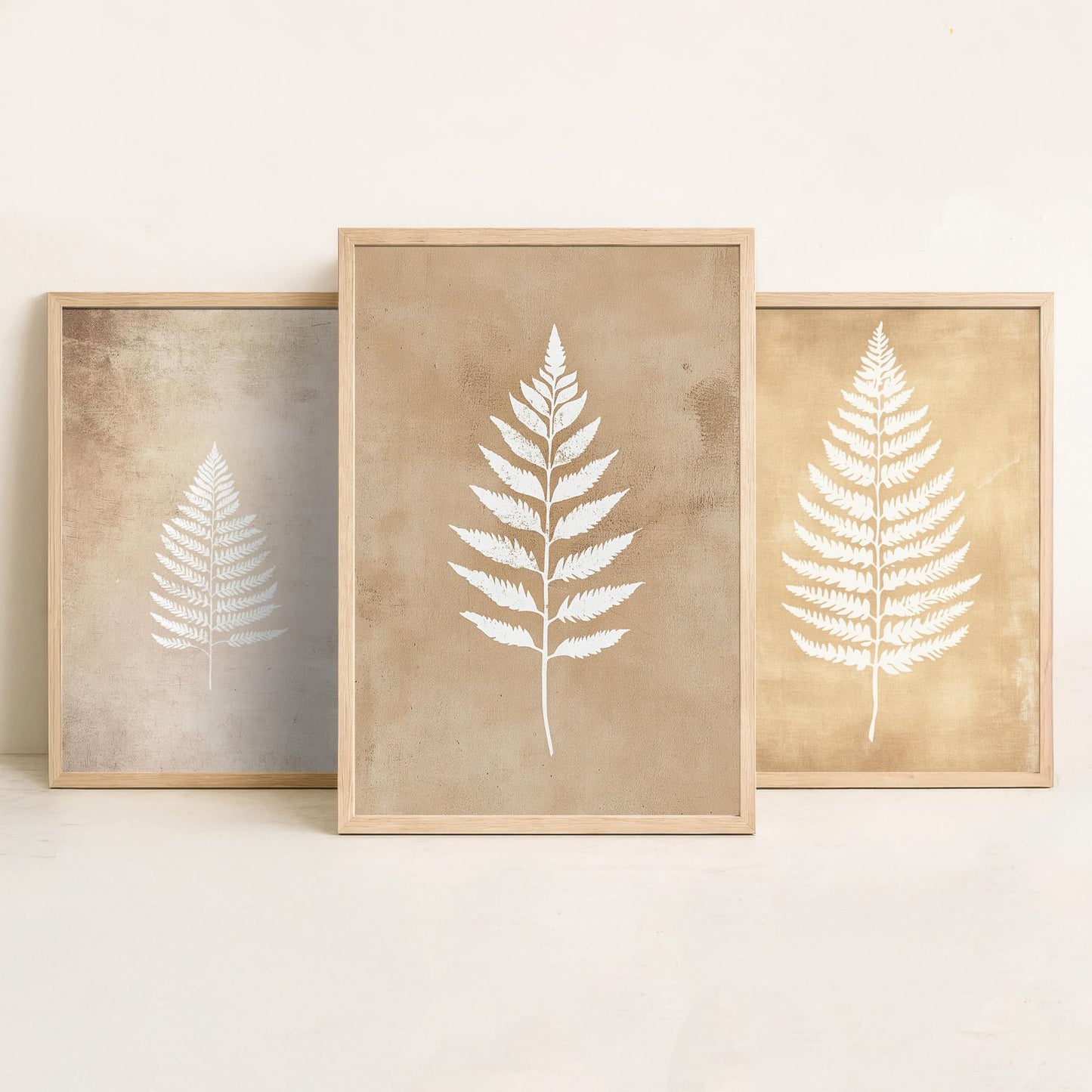 White Fern Set of Three Art Prints | Botanical Leaf Stencil Illustration Poster Wall Decor