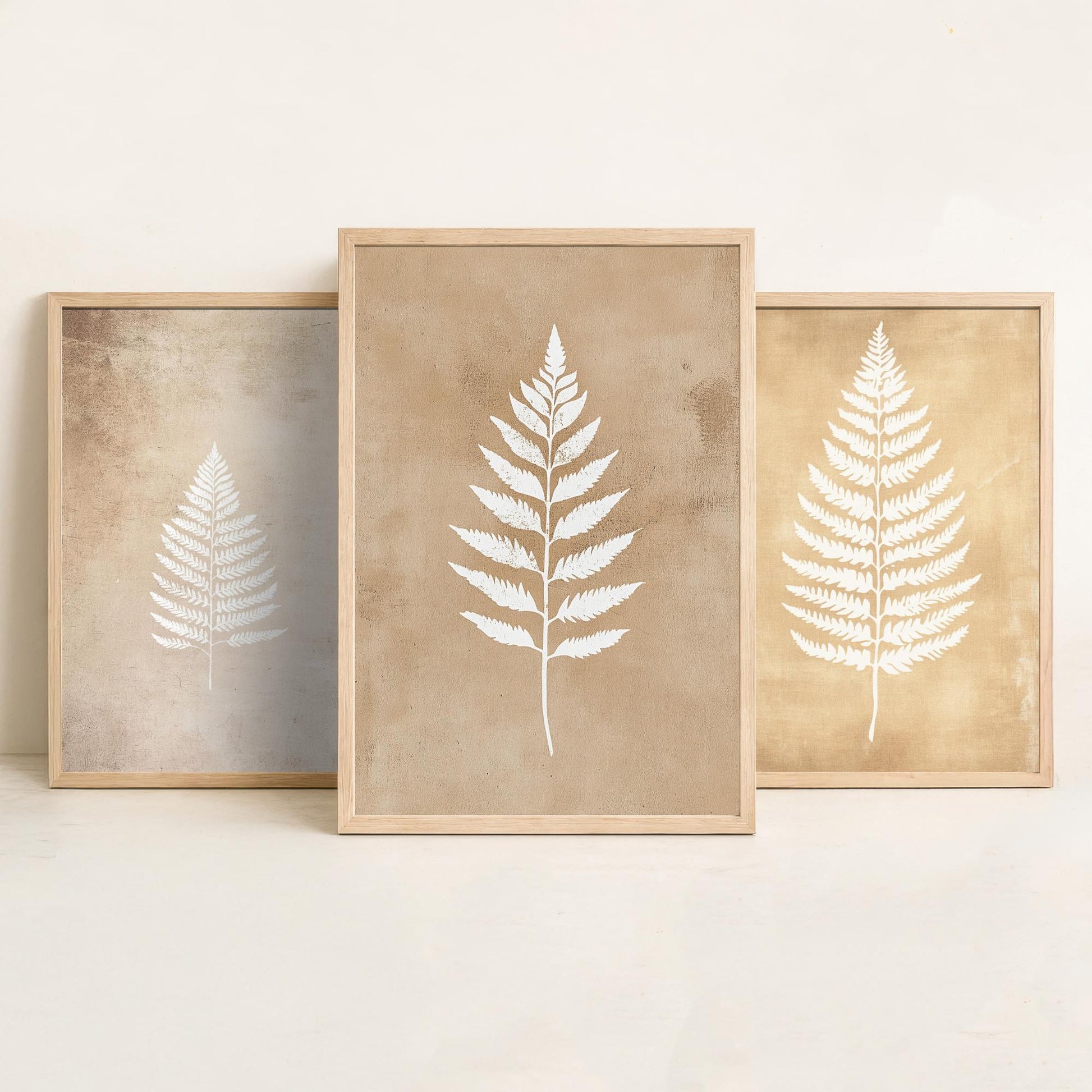 White Fern Set of Three Art Prints | Botanical Leaf Stencil Illustration Poster Wall Decor