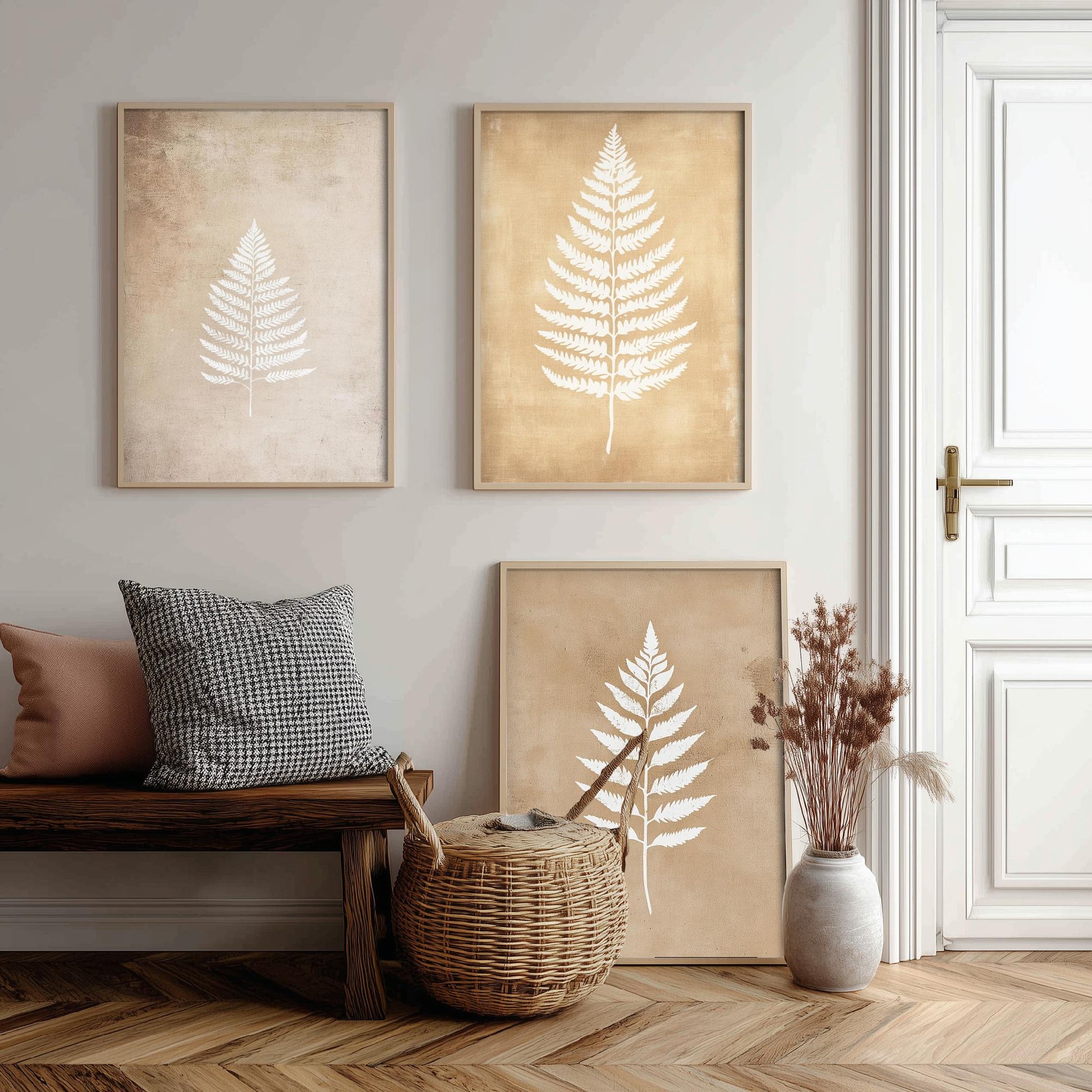 White Fern Set of Three Art Prints | Botanical Leaf Stencil Illustration Poster Wall Decor