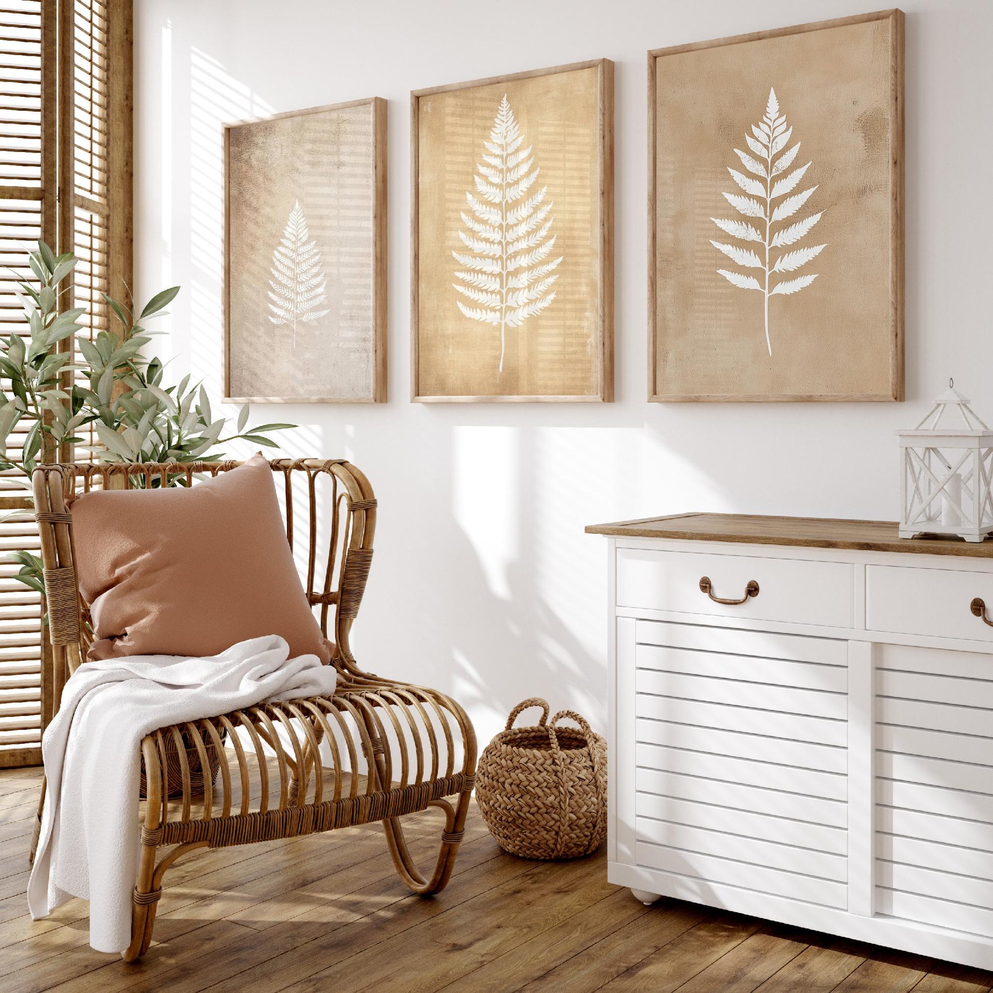 White Fern Set of Three Art Prints | Botanical Leaf Stencil Illustration Poster Wall Decor