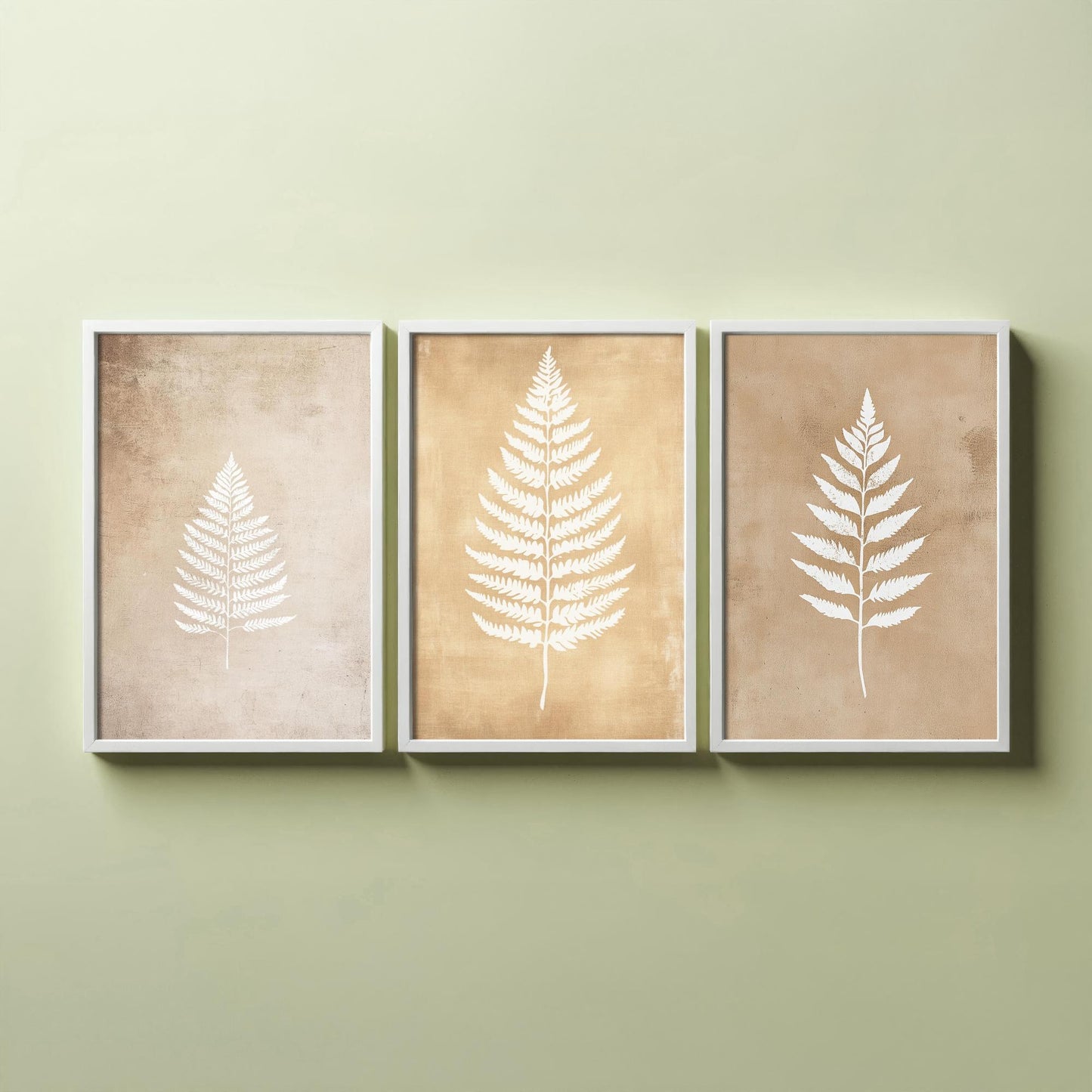 White Fern Set of Three Art Prints | Botanical Leaf Stencil Illustration Poster Wall Decor