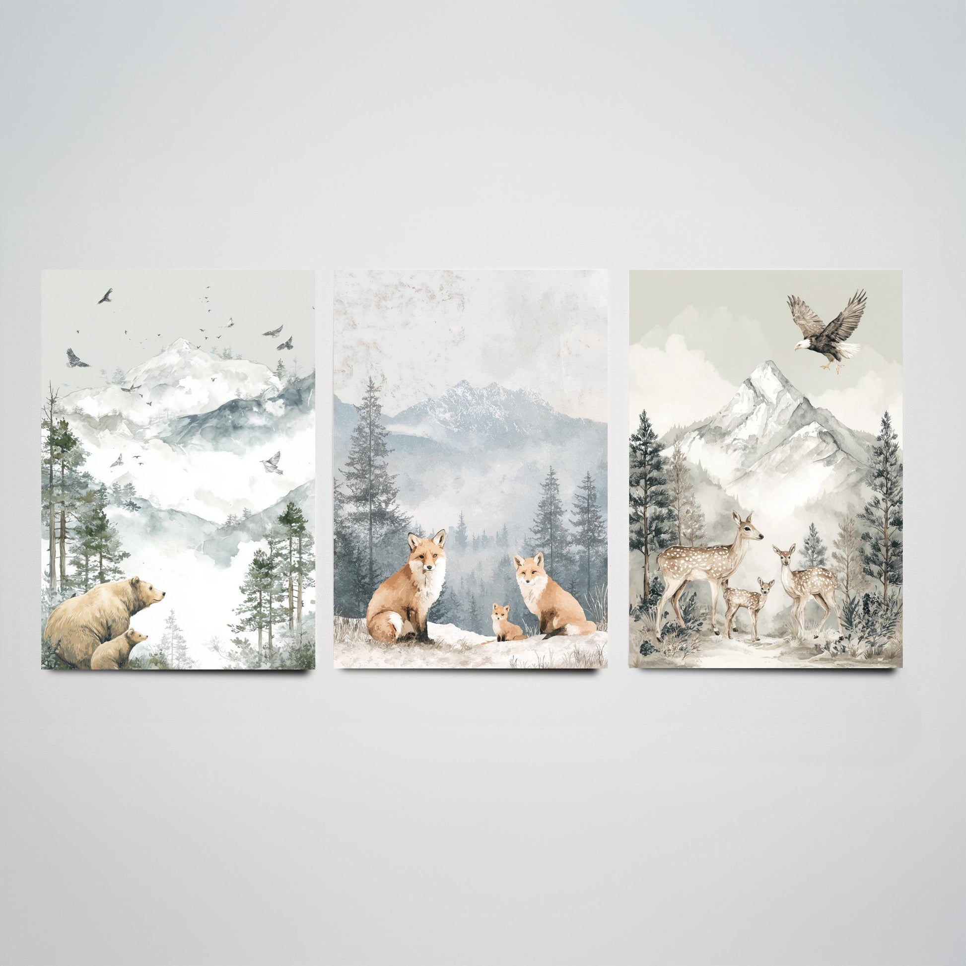 Snowy Mountain Animals Set of Three Art Prints | Bears Foxes Deer Wildlife Watercolour Poster