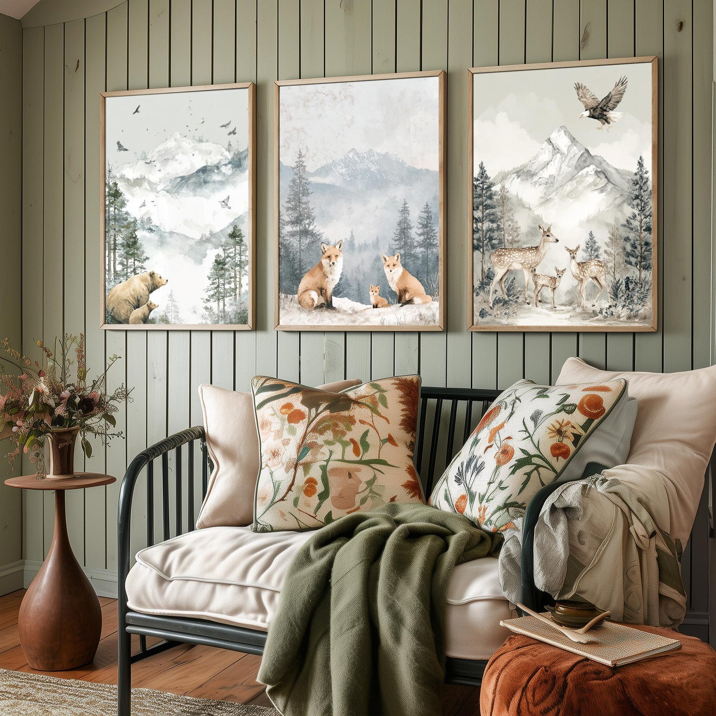 Snowy Mountain Animals Set of Three Art Prints | Bears Foxes Deer Wildlife Watercolour Poster