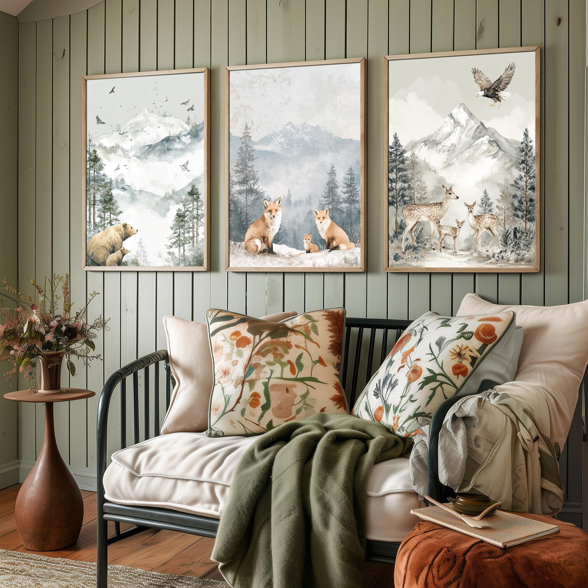 Snowy Mountain Animals Set of Three Art Prints | Bears Foxes Deer Wildlife Watercolour Poster