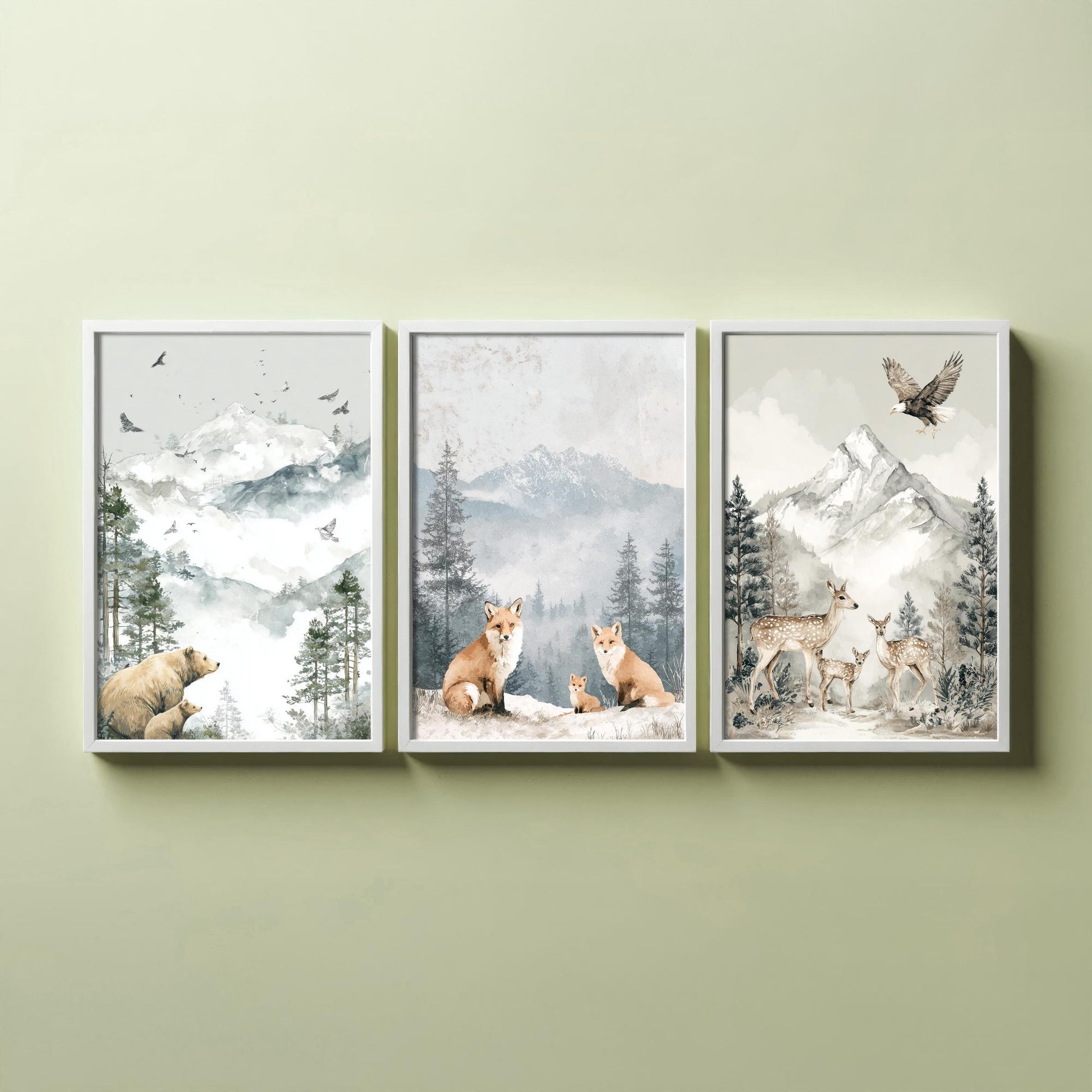 Snowy Mountain Animals Set of Three Art Prints | Bears Foxes Deer Wildlife Watercolour Poster