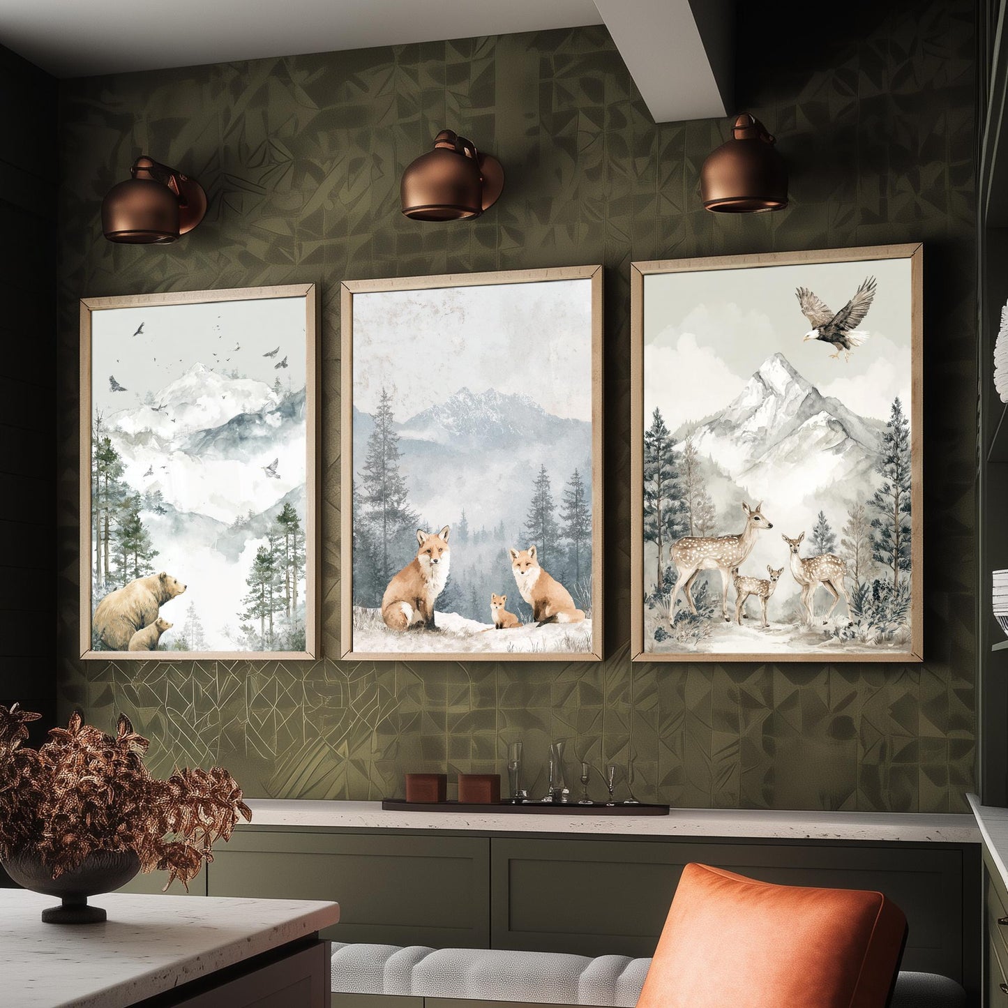 Snowy Mountain Animals Set of Three Art Prints | Bears Foxes Deer Wildlife Watercolour Poster