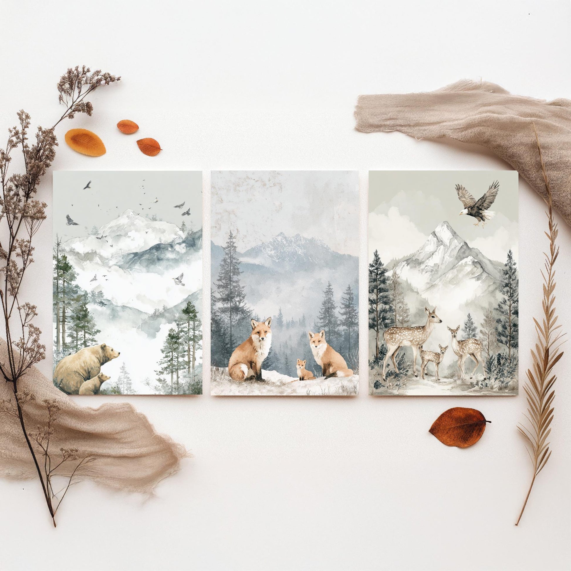 Snowy Mountain Animals Set of Three Art Prints | Bears Foxes Deer Wildlife Watercolour Poster