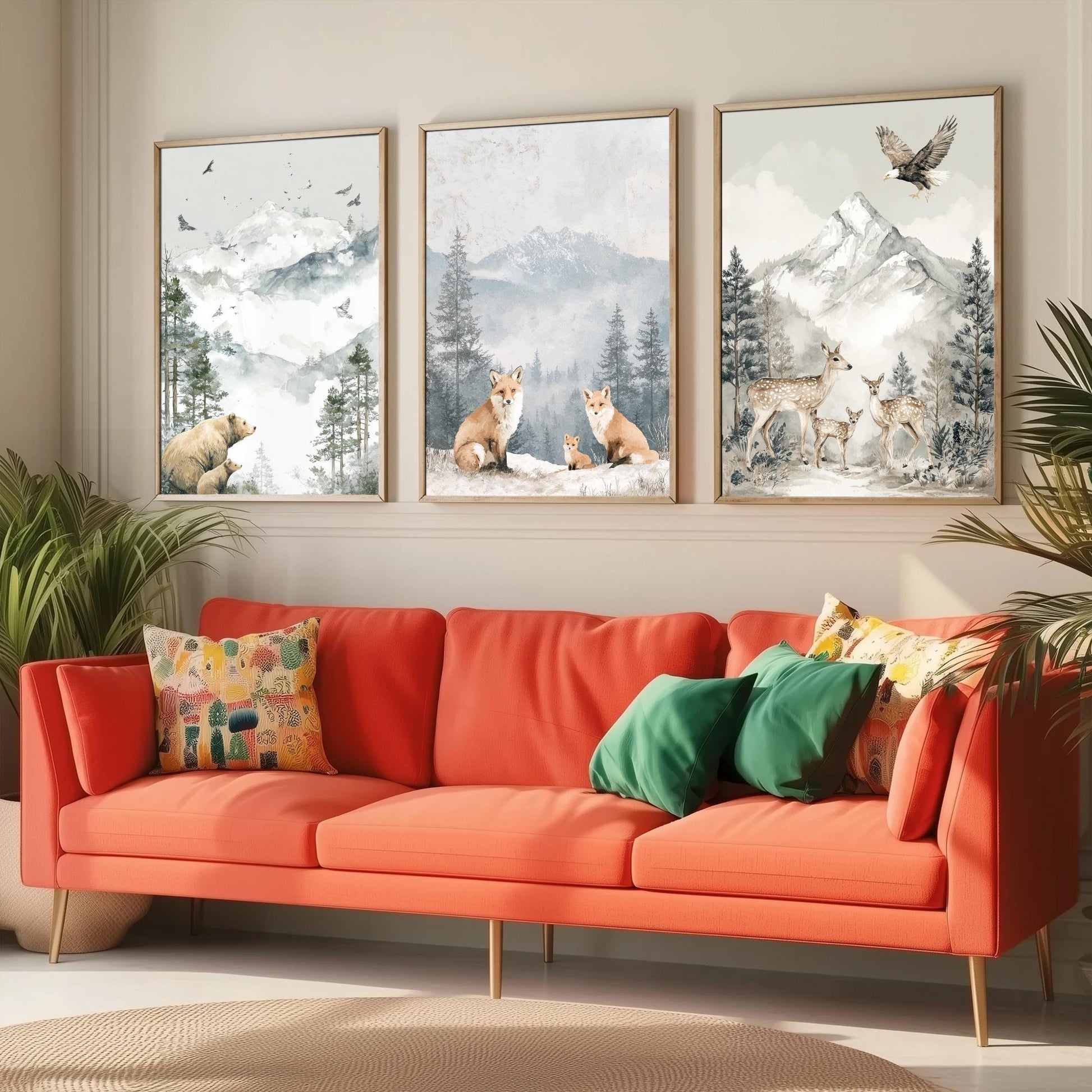 Snowy Mountain Animals Set of Three Art Prints | Bears Foxes Deer Wildlife Watercolour Poster