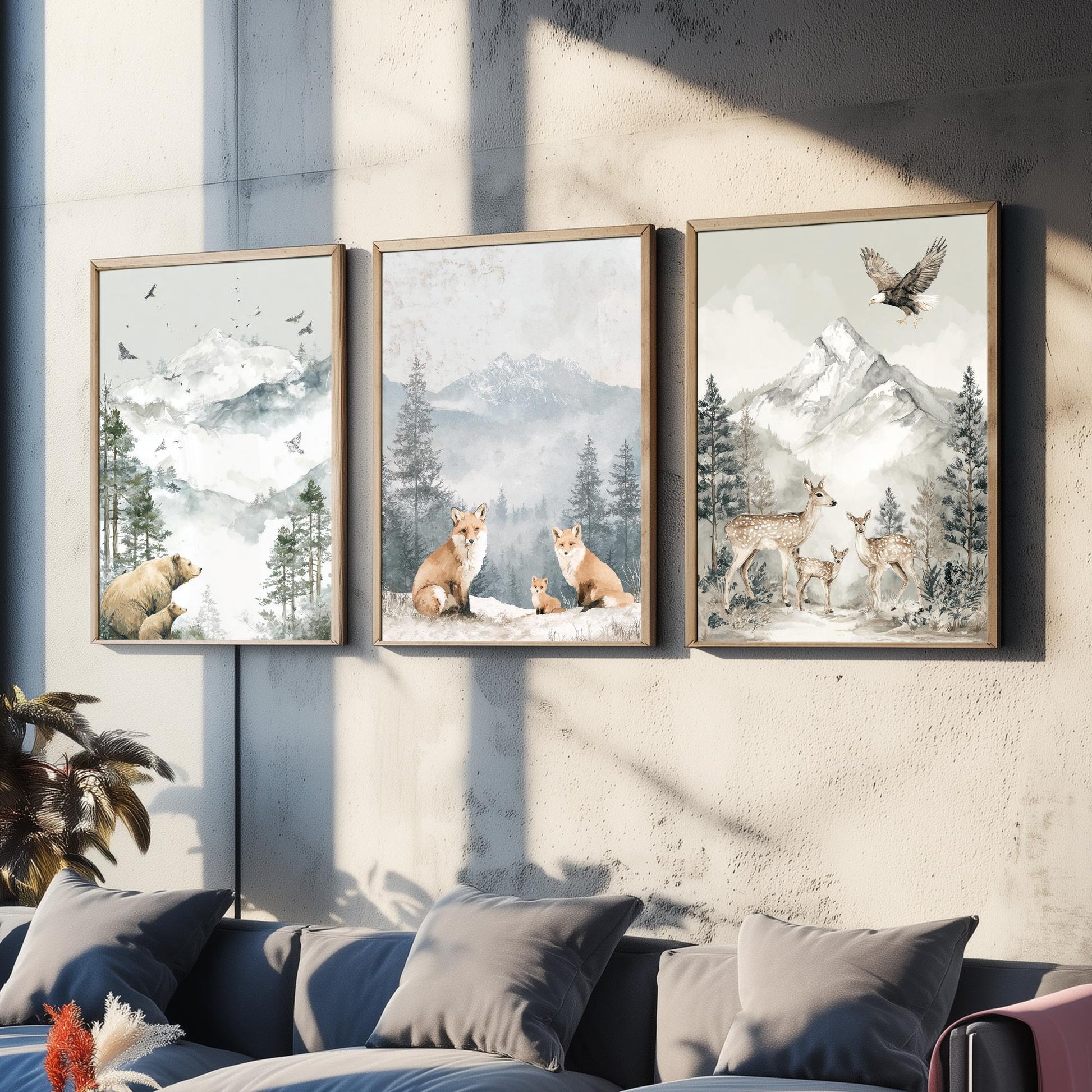 Snowy Mountain Animals Set of Three Art Prints | Bears Foxes Deer Wildlife Watercolour Poster