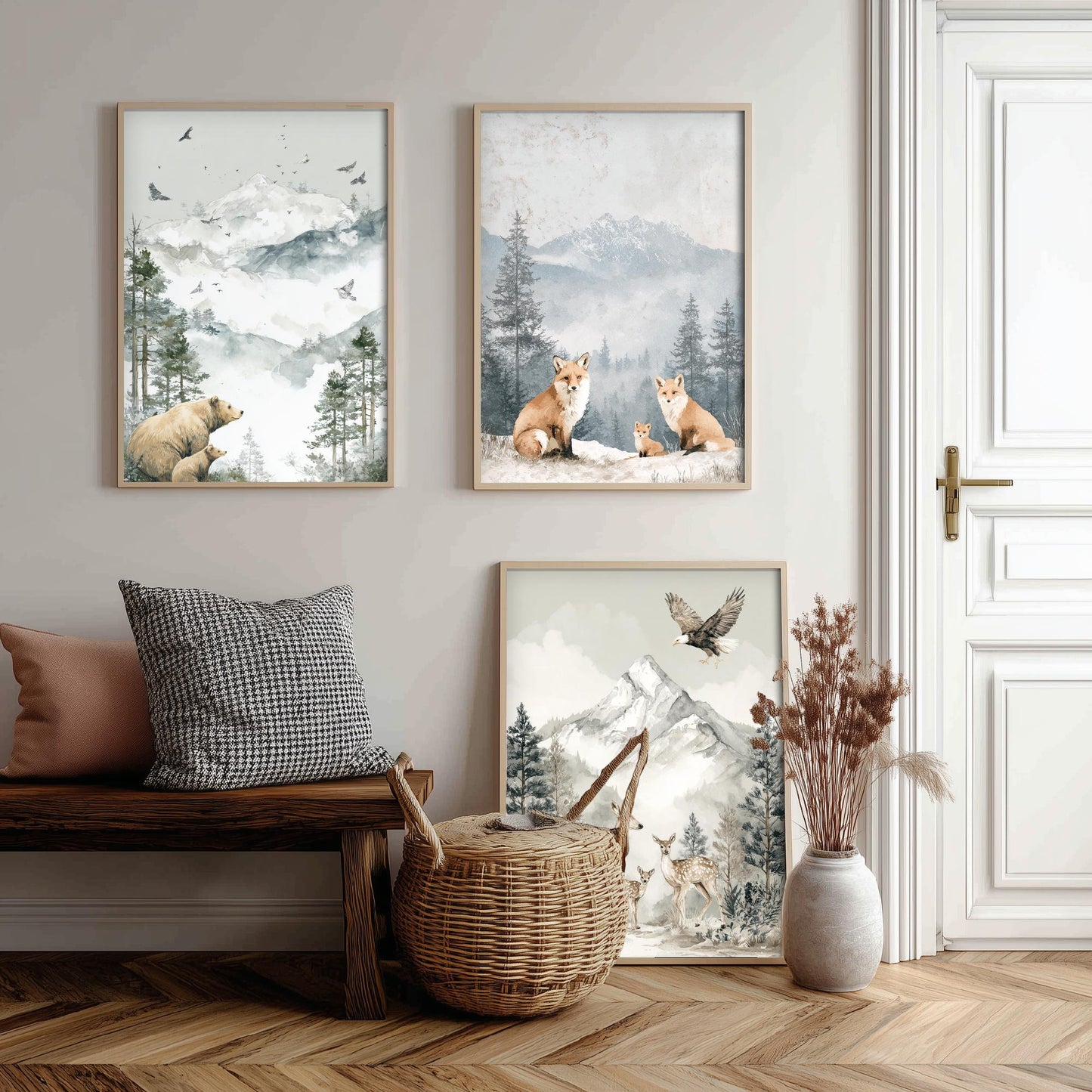 Snowy Mountain Animals Set of Three Art Prints | Bears Foxes Deer Wildlife Watercolour Poster