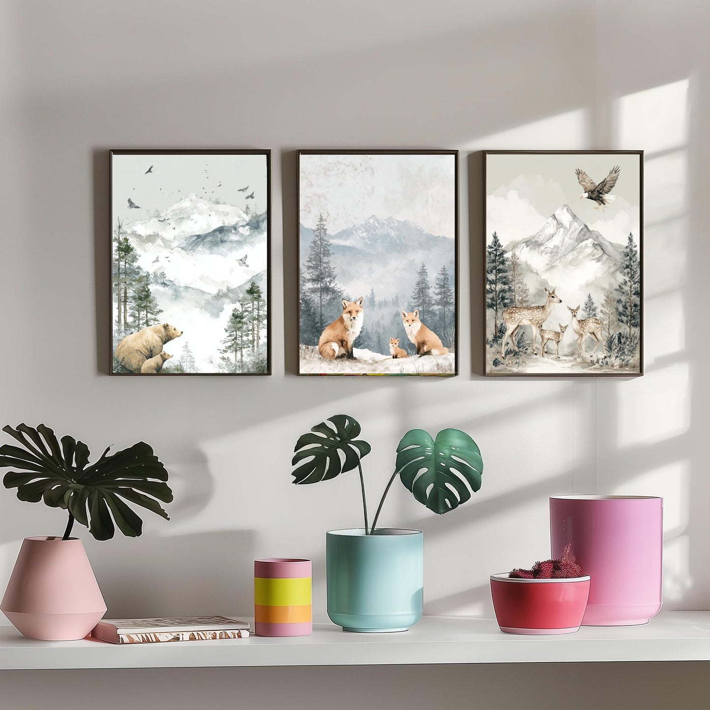 Snowy Mountain Animals Set of Three Art Prints | Bears Foxes Deer Wildlife Watercolour Poster