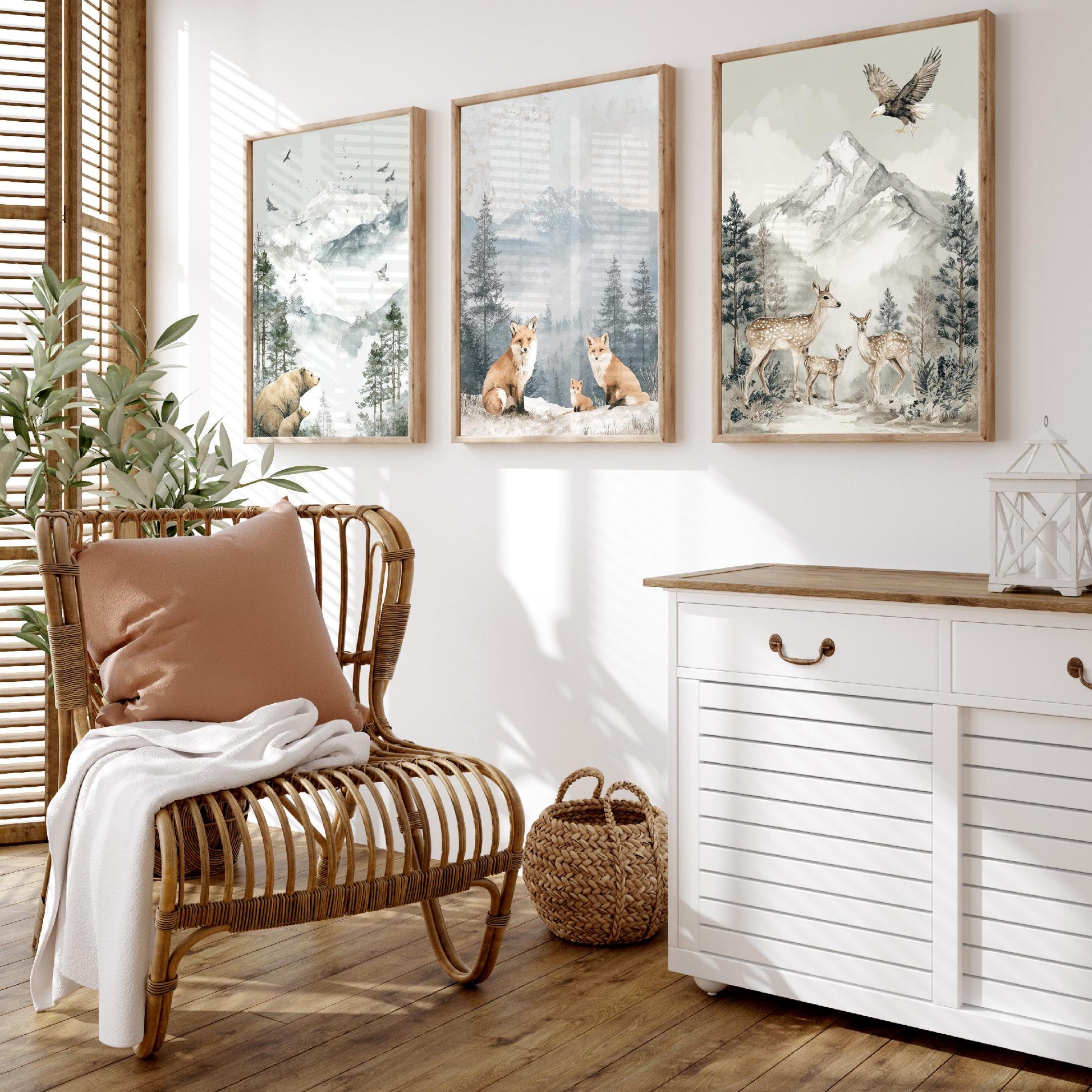 Snowy Mountain Animals Set of Three Art Prints | Bears Foxes Deer Wildlife Watercolour Poster