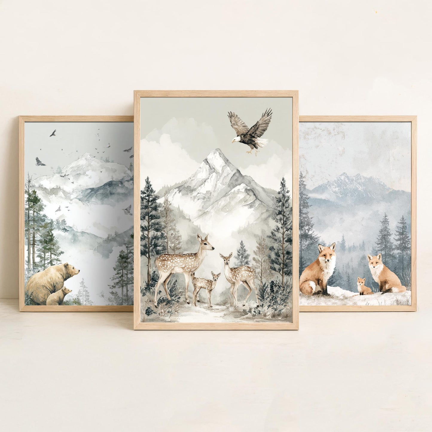 Snowy Mountain Animals Set of Three Art Prints | Bears Foxes Deer Wildlife Watercolour Poster