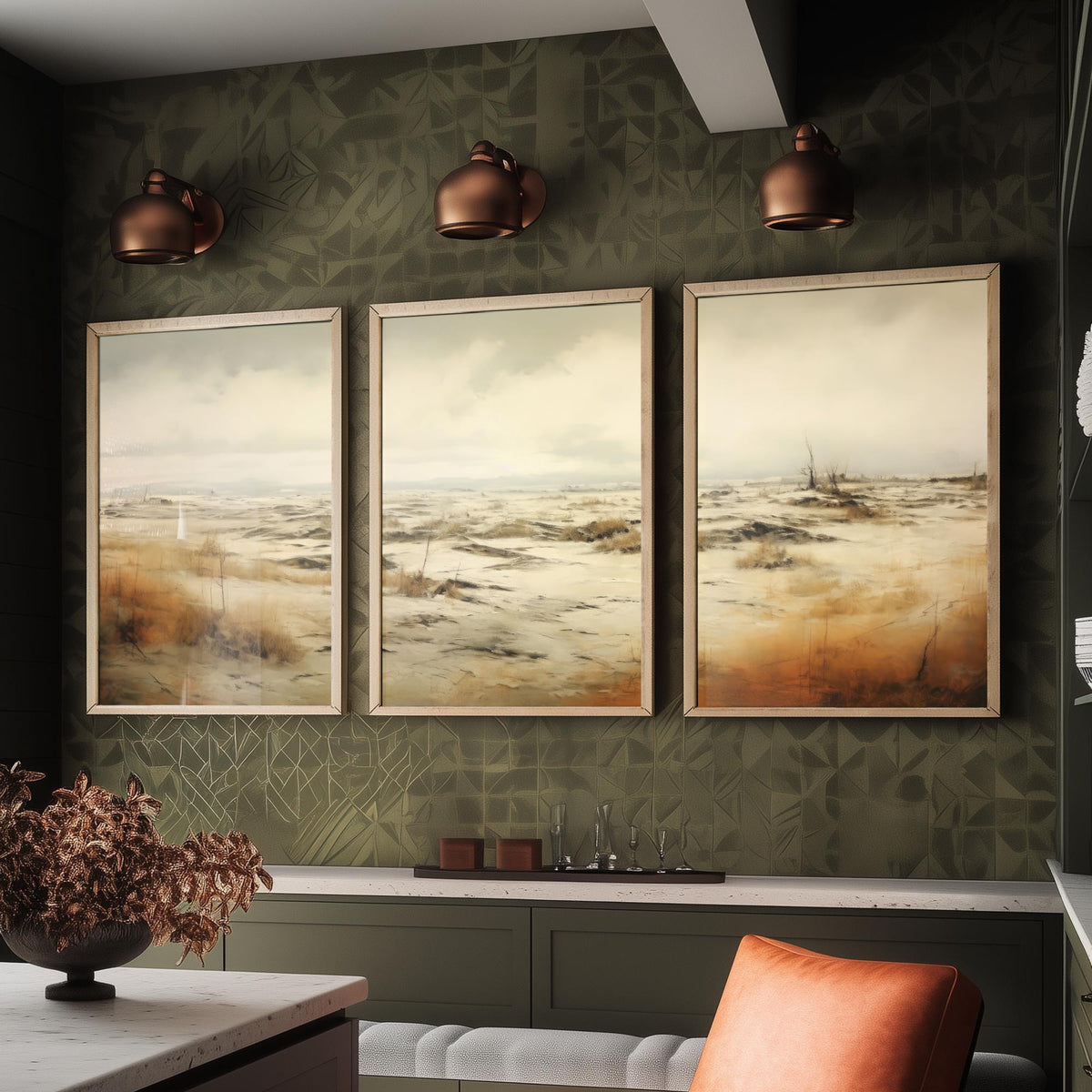 White Sandy Field Set of Three Art Prints - Sepia Dune Grass Panorama Poster - Muted Wild Heath Landscape Illustration
