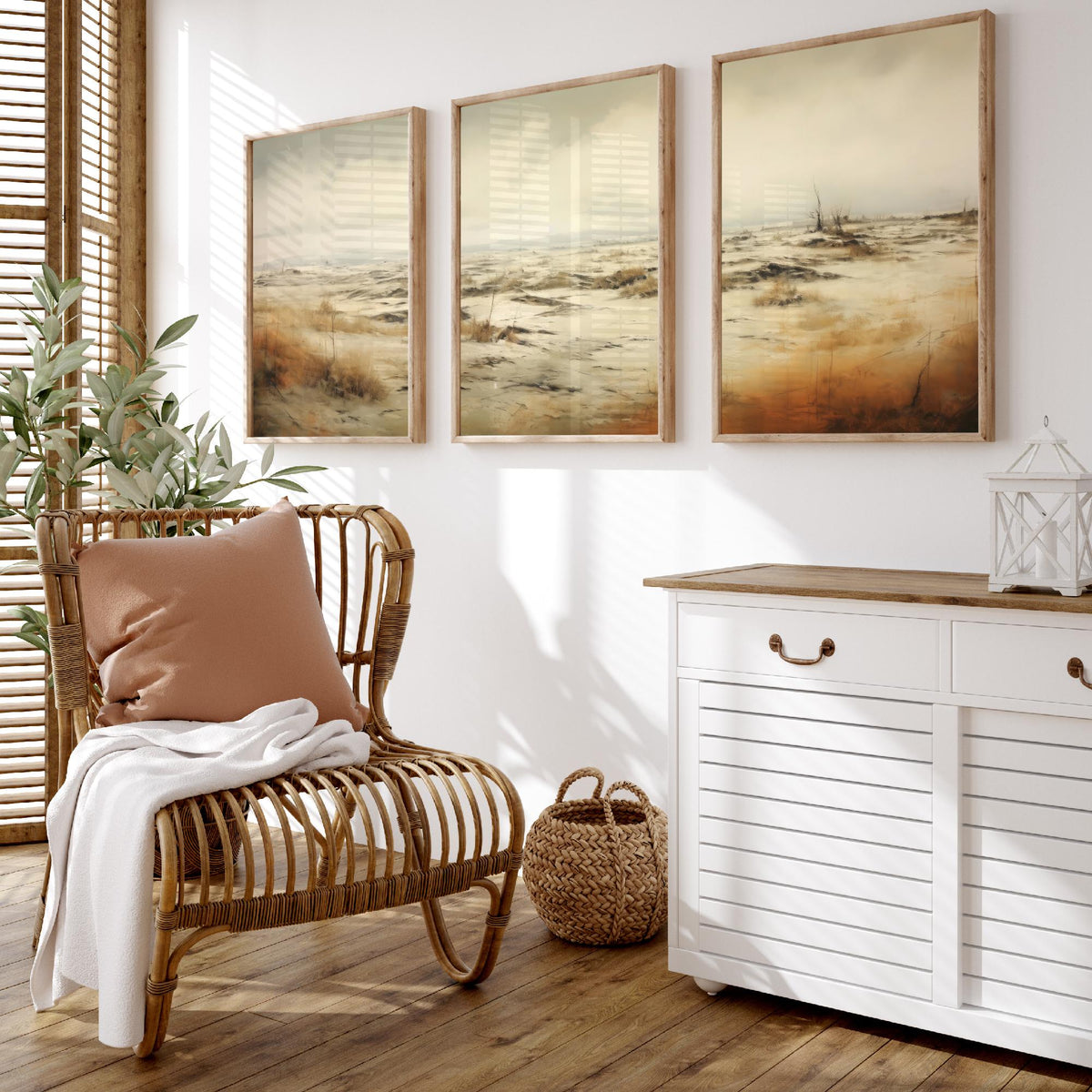 White Sandy Field Set of Three Art Prints - Sepia Dune Grass Panorama Poster - Muted Wild Heath Landscape Illustration