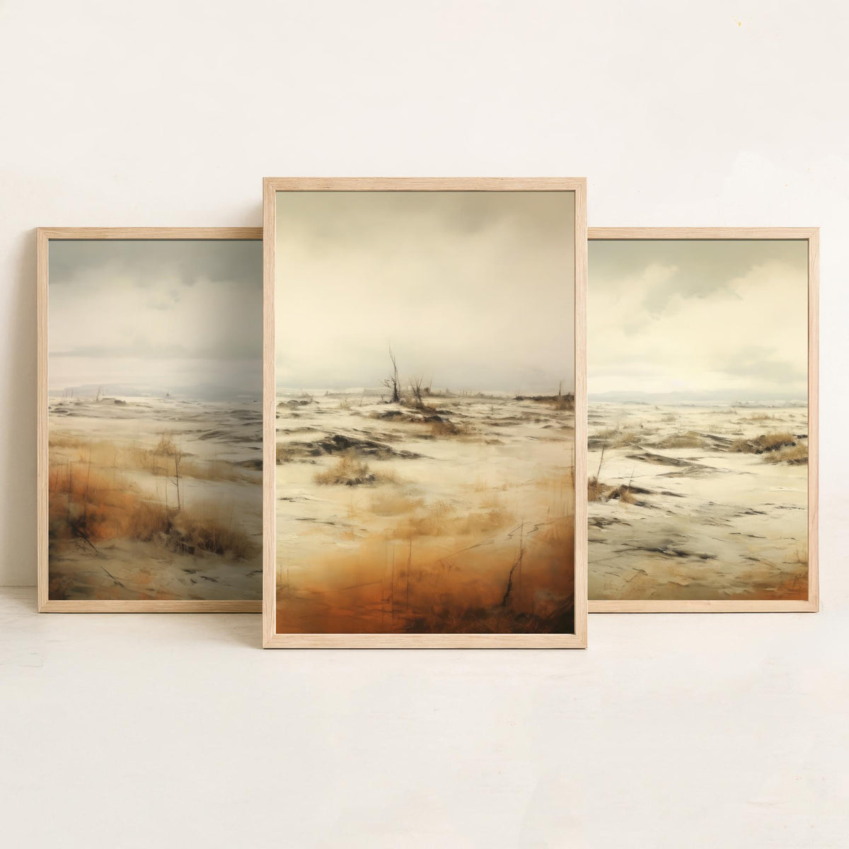 White Sandy Field Set of Three Art Prints - Sepia Dune Grass Panorama Poster - Muted Wild Heath Landscape Illustration