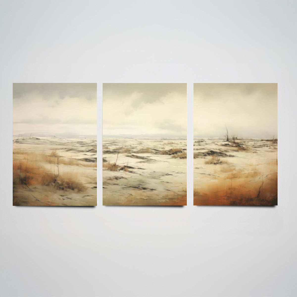 White Sandy Field Set of Three Art Prints - Sepia Dune Grass Panorama Poster - Muted Wild Heath Landscape Illustration