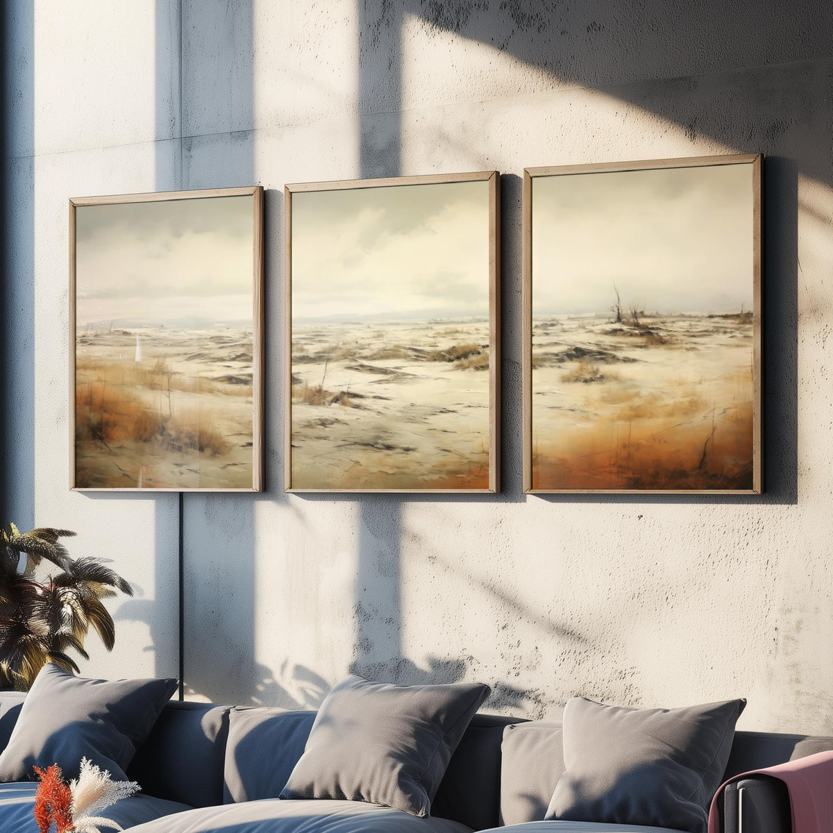White Sandy Field Set of Three Art Prints - Sepia Dune Grass Panorama Poster - Muted Wild Heath Landscape Illustration