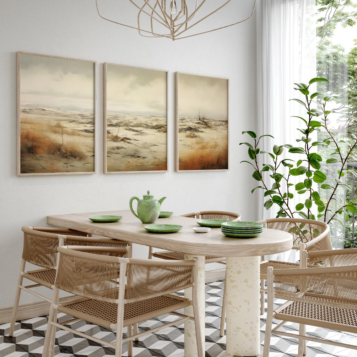 White Sandy Field Set of Three Art Prints - Sepia Dune Grass Panorama Poster - Muted Wild Heath Landscape Illustration