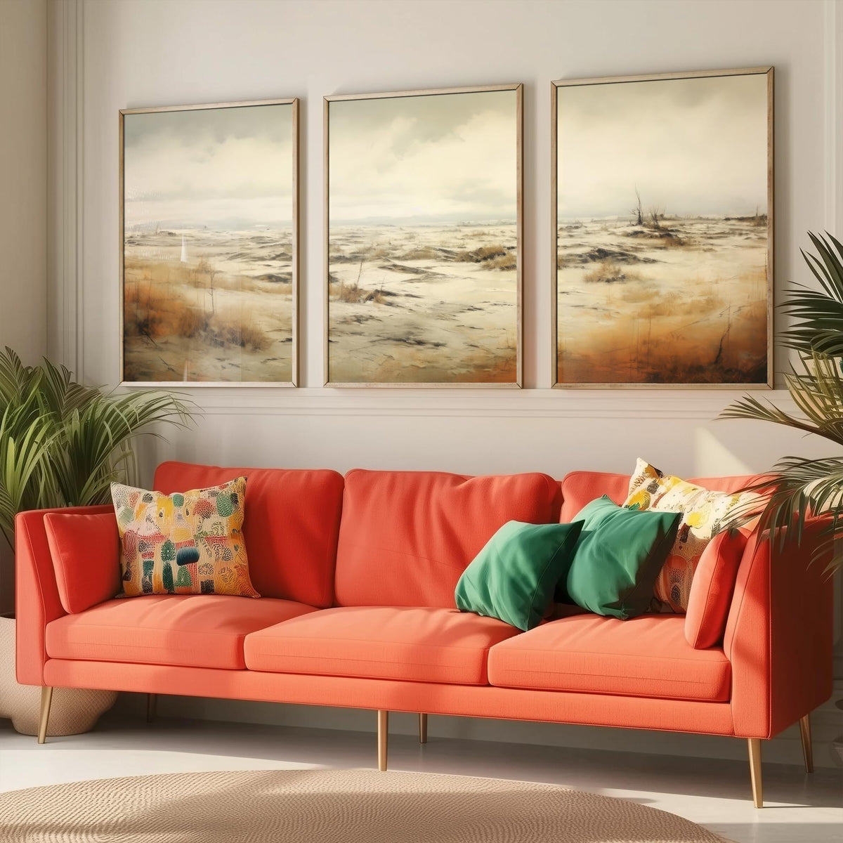 White Sandy Field Set of Three Art Prints - Sepia Dune Grass Panorama Poster - Muted Wild Heath Landscape Illustration