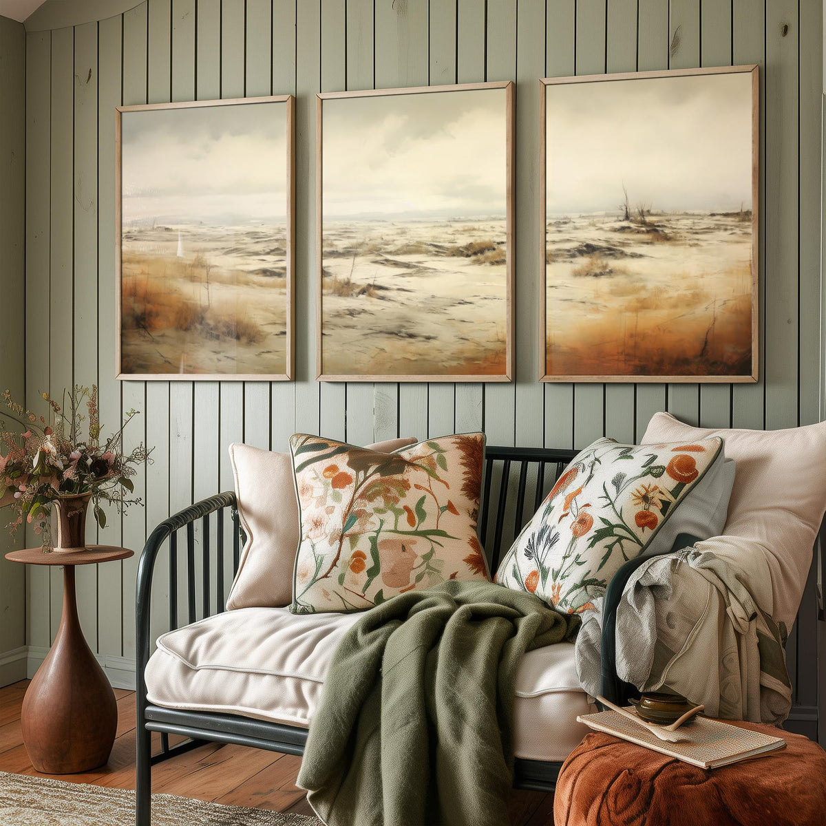 White Sandy Field Set of Three Art Prints - Sepia Dune Grass Panorama Poster - Muted Wild Heath Landscape Illustration