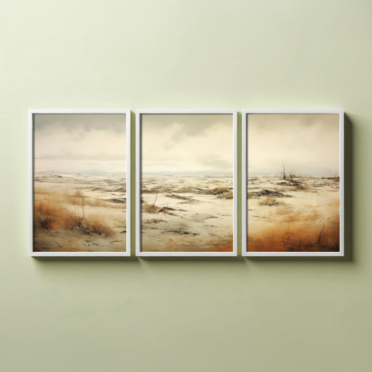 White Sandy Field Set of Three Art Prints - Sepia Dune Grass Panorama Poster - Muted Wild Heath Landscape Illustration
