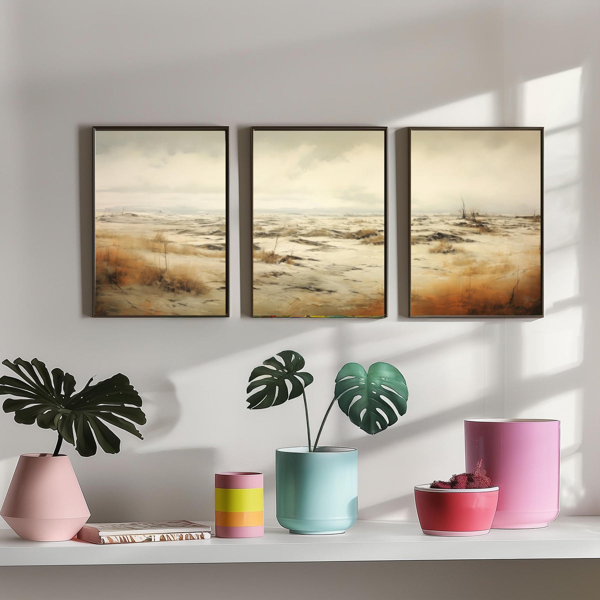 White Sandy Field Set of Three Art Prints - Sepia Dune Grass Panorama Poster - Muted Wild Heath Landscape Illustration