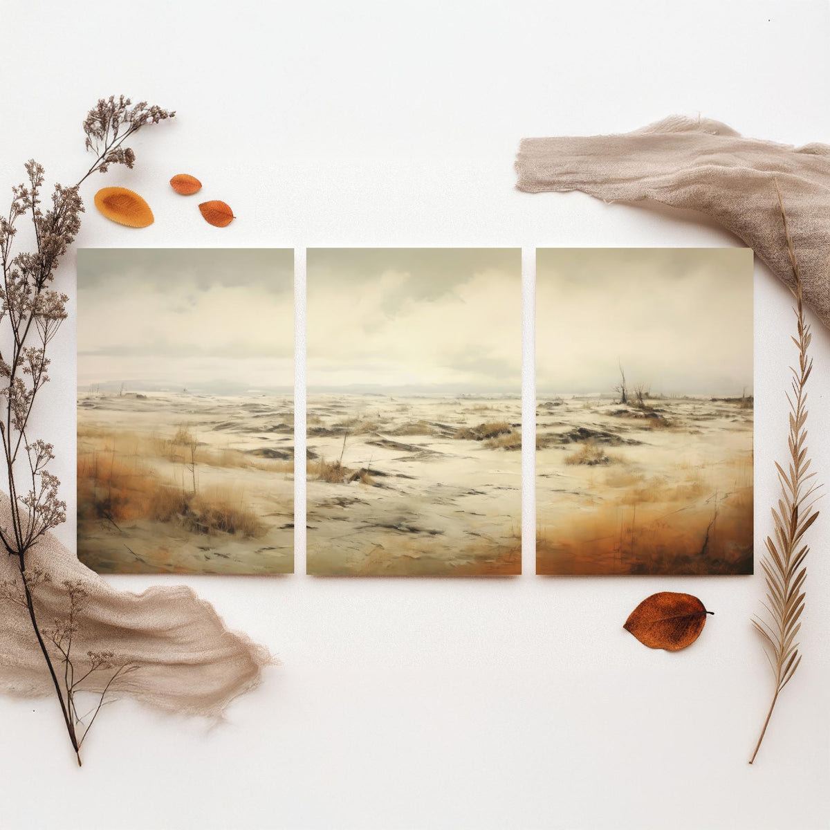 White Sandy Field Set of Three Art Prints - Sepia Dune Grass Panorama Poster - Muted Wild Heath Landscape Illustration