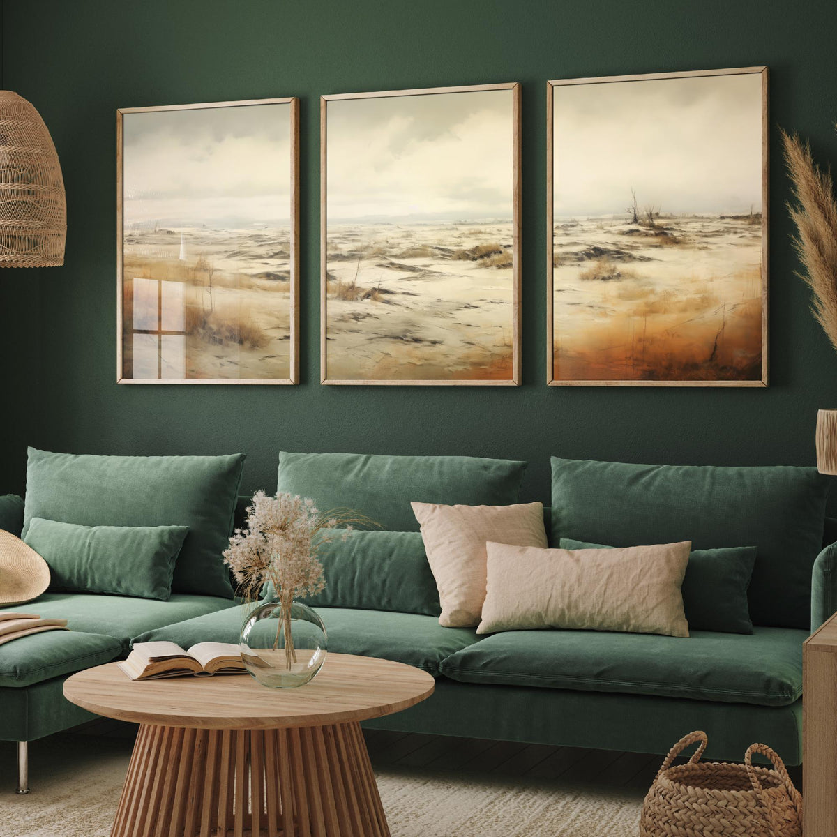 White Sandy Field Set of Three Art Prints - Sepia Dune Grass Panorama Poster - Muted Wild Heath Landscape Illustration