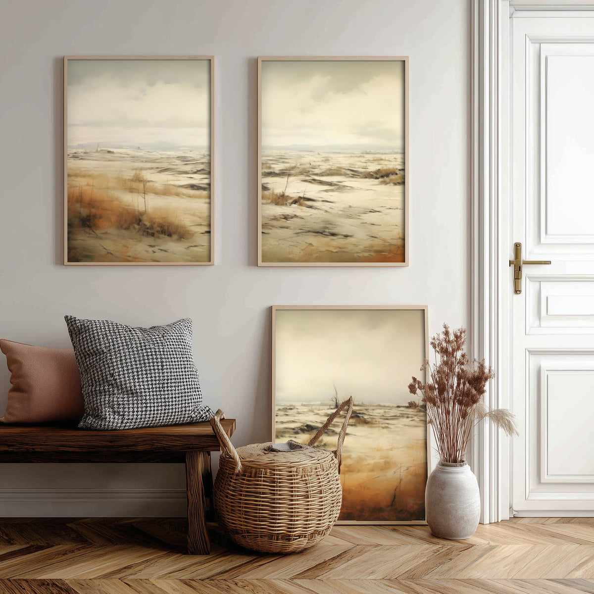 White Sandy Field Set of Three Art Prints - Sepia Dune Grass Panorama Poster - Muted Wild Heath Landscape Illustration