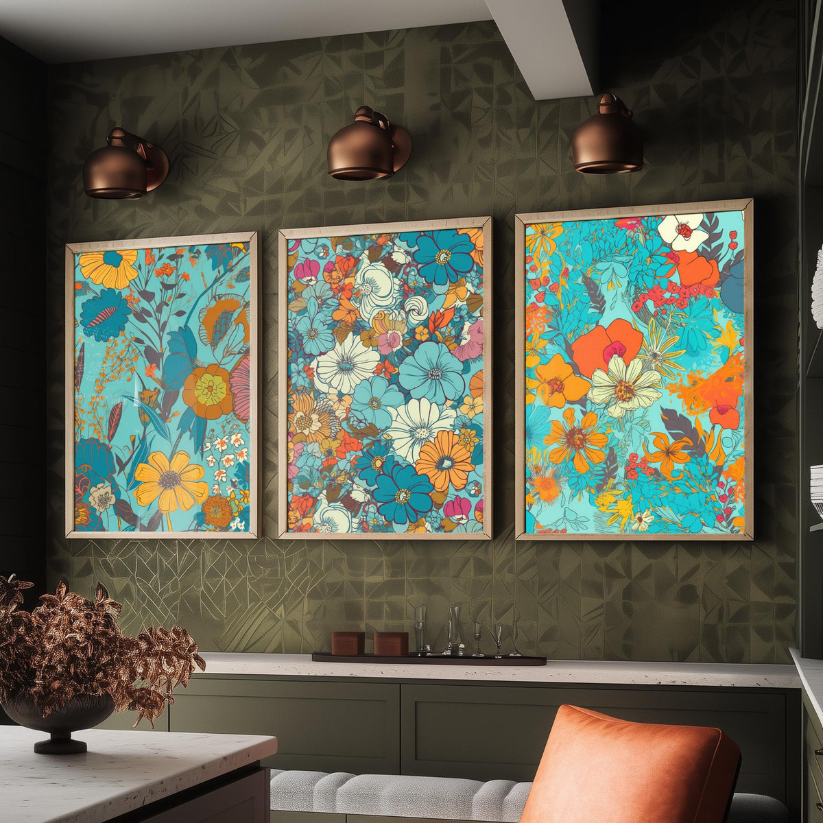 Wild Flowers Set of Three Art Prints - Retro Turquoise and Orange Floral Posters - 70s Daisy Bloom Illustration