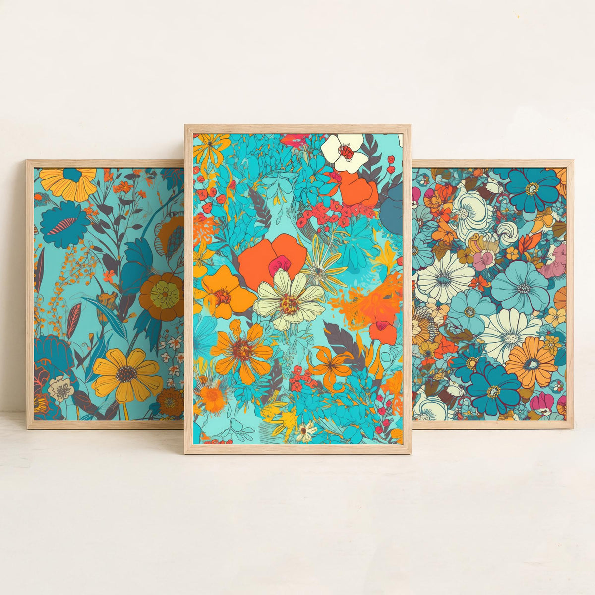 Wild Flowers Set of Three Art Prints - Retro Turquoise and Orange Floral Posters - 70s Daisy Bloom Illustration