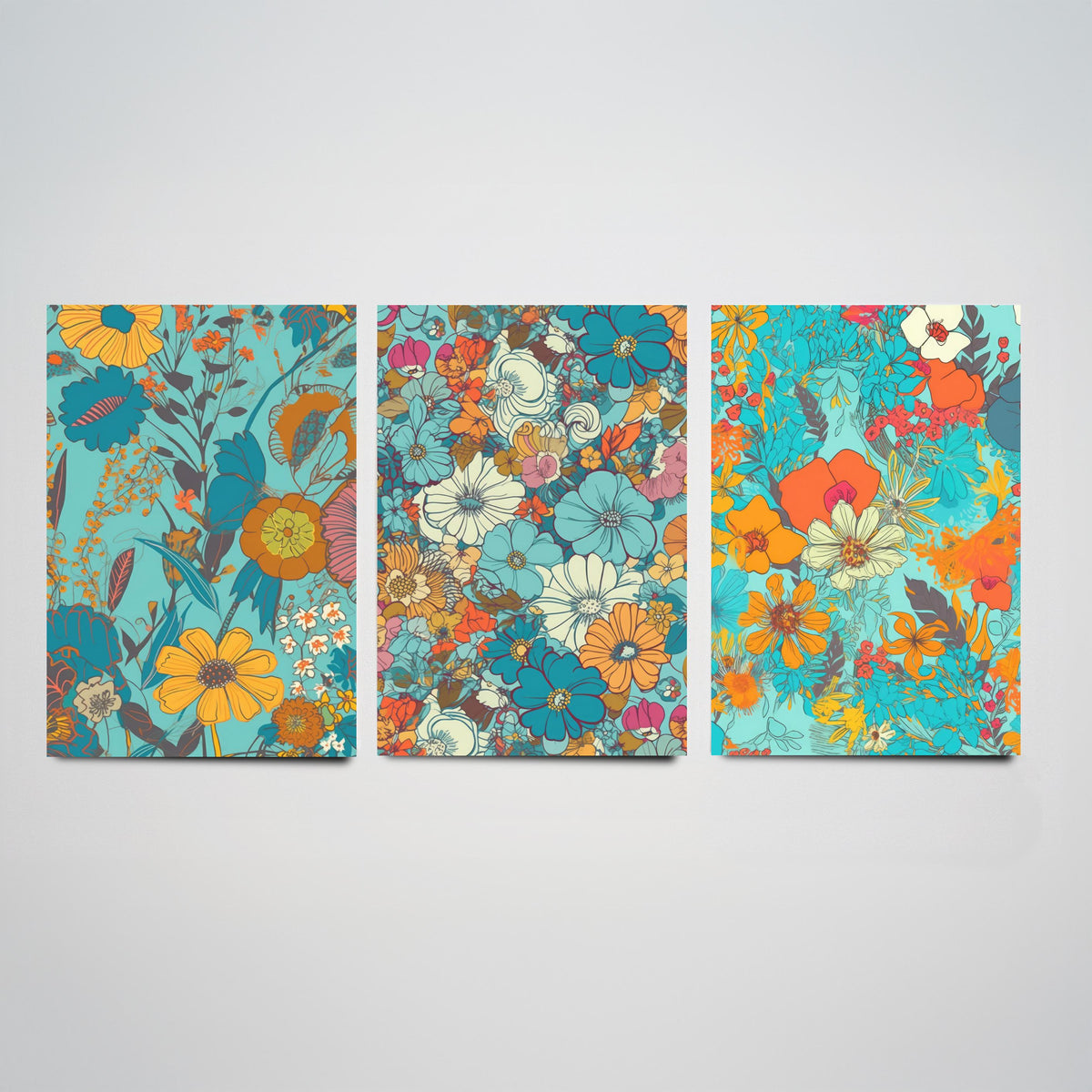 Wild Flowers Set of Three Art Prints - Retro Turquoise and Orange Floral Posters - 70s Daisy Bloom Illustration