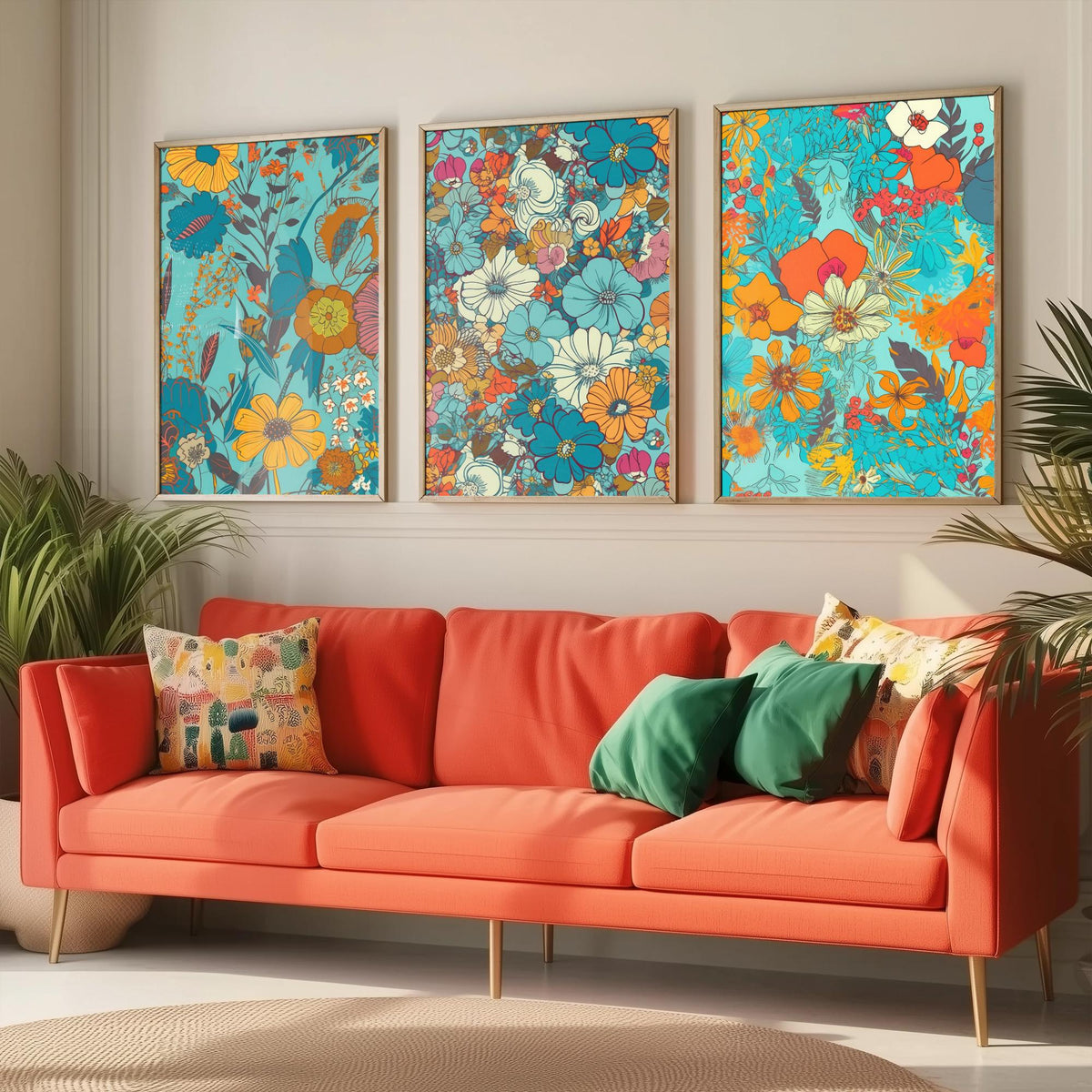 Wild Flowers Set of Three Art Prints - Retro Turquoise and Orange Floral Posters - 70s Daisy Bloom Illustration