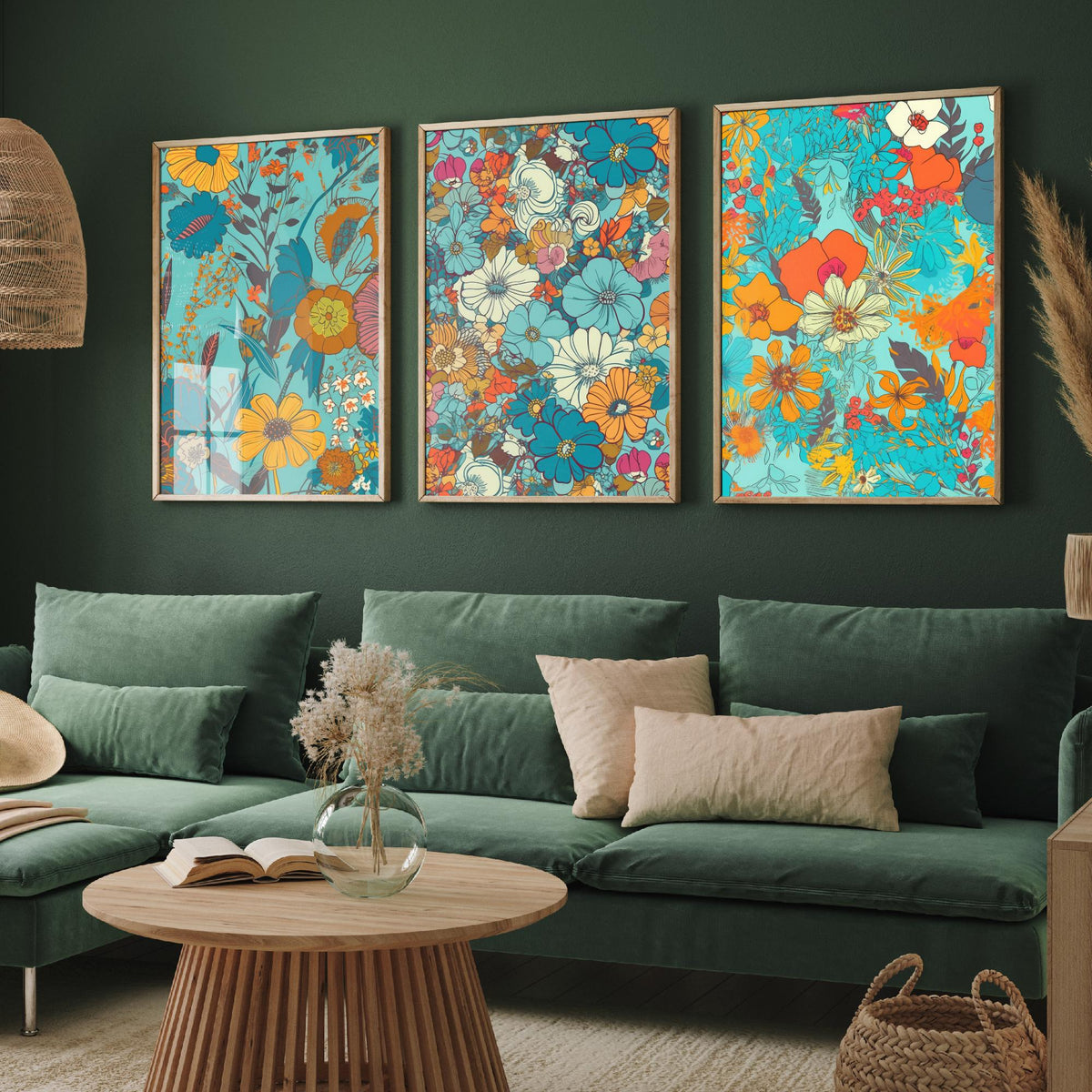 Wild Flowers Set of Three Art Prints - Retro Turquoise and Orange Floral Posters - 70s Daisy Bloom Illustration