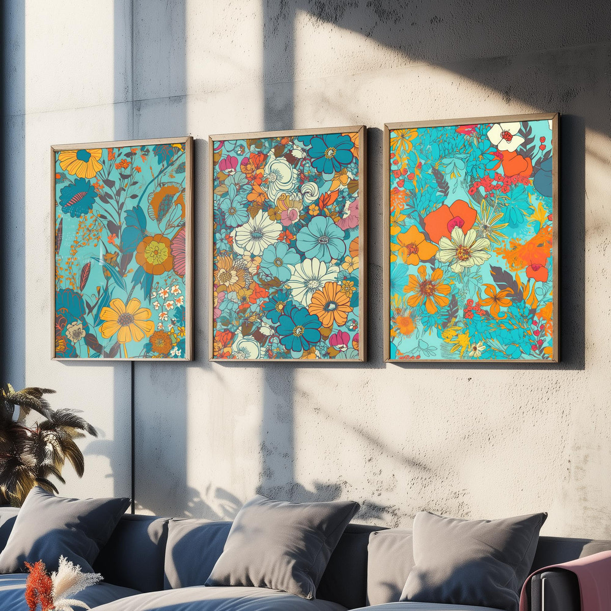 Wild Flowers Set of Three Art Prints - Retro Turquoise and Orange Floral Posters - 70s Daisy Bloom Illustration