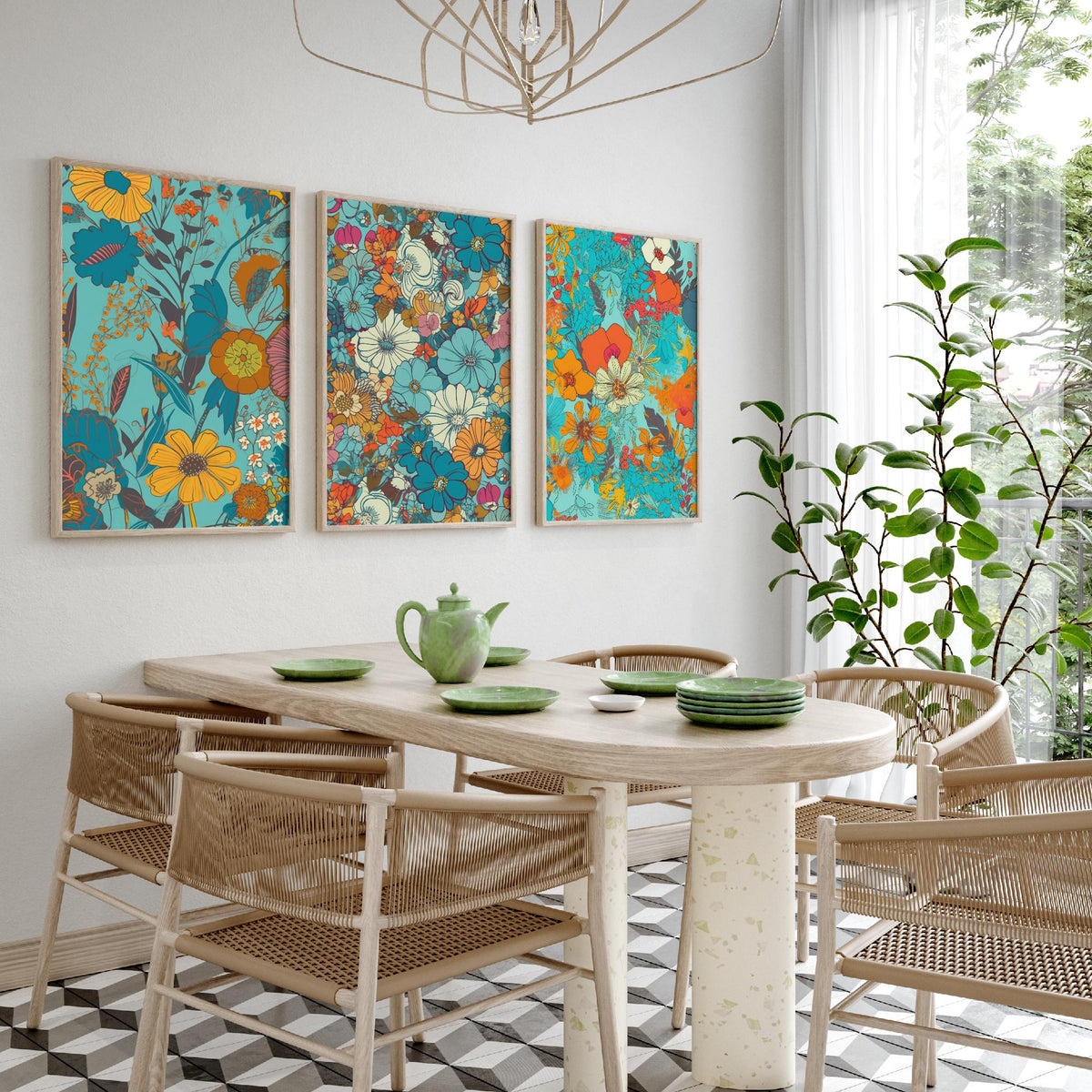 Wild Flowers Set of Three Art Prints - Retro Turquoise and Orange Floral Posters - 70s Daisy Bloom Illustration