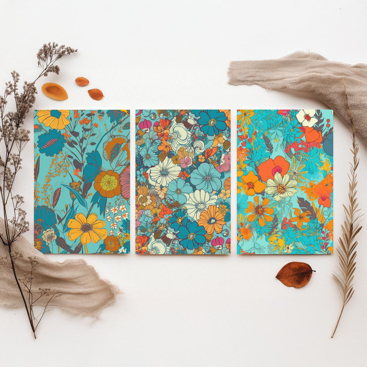 Wild Flowers Set of Three Art Prints - Retro Turquoise and Orange Floral Posters - 70s Daisy Bloom Illustration