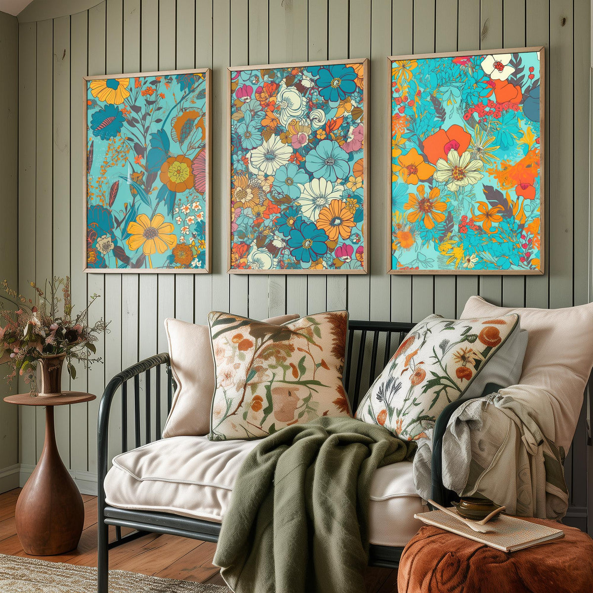 Wild Flowers Set of Three Art Prints - Retro Turquoise and Orange Floral Posters - 70s Daisy Bloom Illustration
