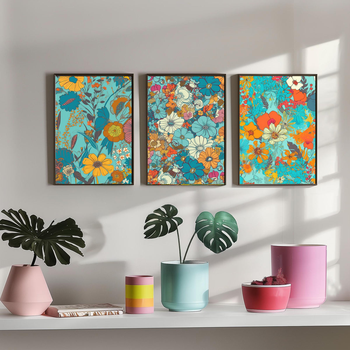 Wild Flowers Set of Three Art Prints - Retro Turquoise and Orange Floral Posters - 70s Daisy Bloom Illustration