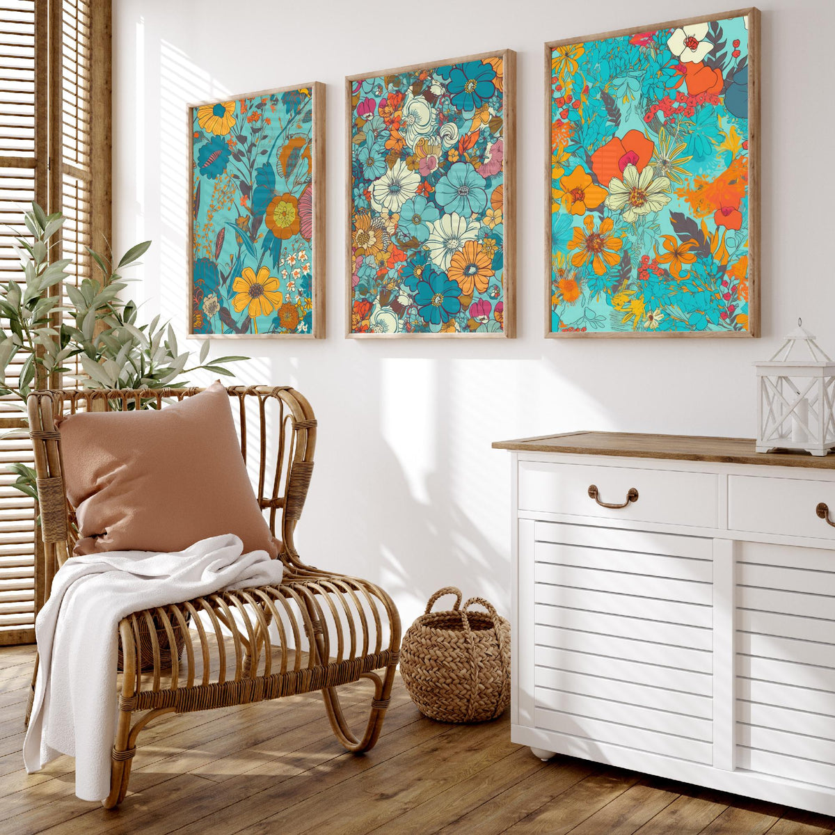 Wild Flowers Set of Three Art Prints - Retro Turquoise and Orange Floral Posters - 70s Daisy Bloom Illustration